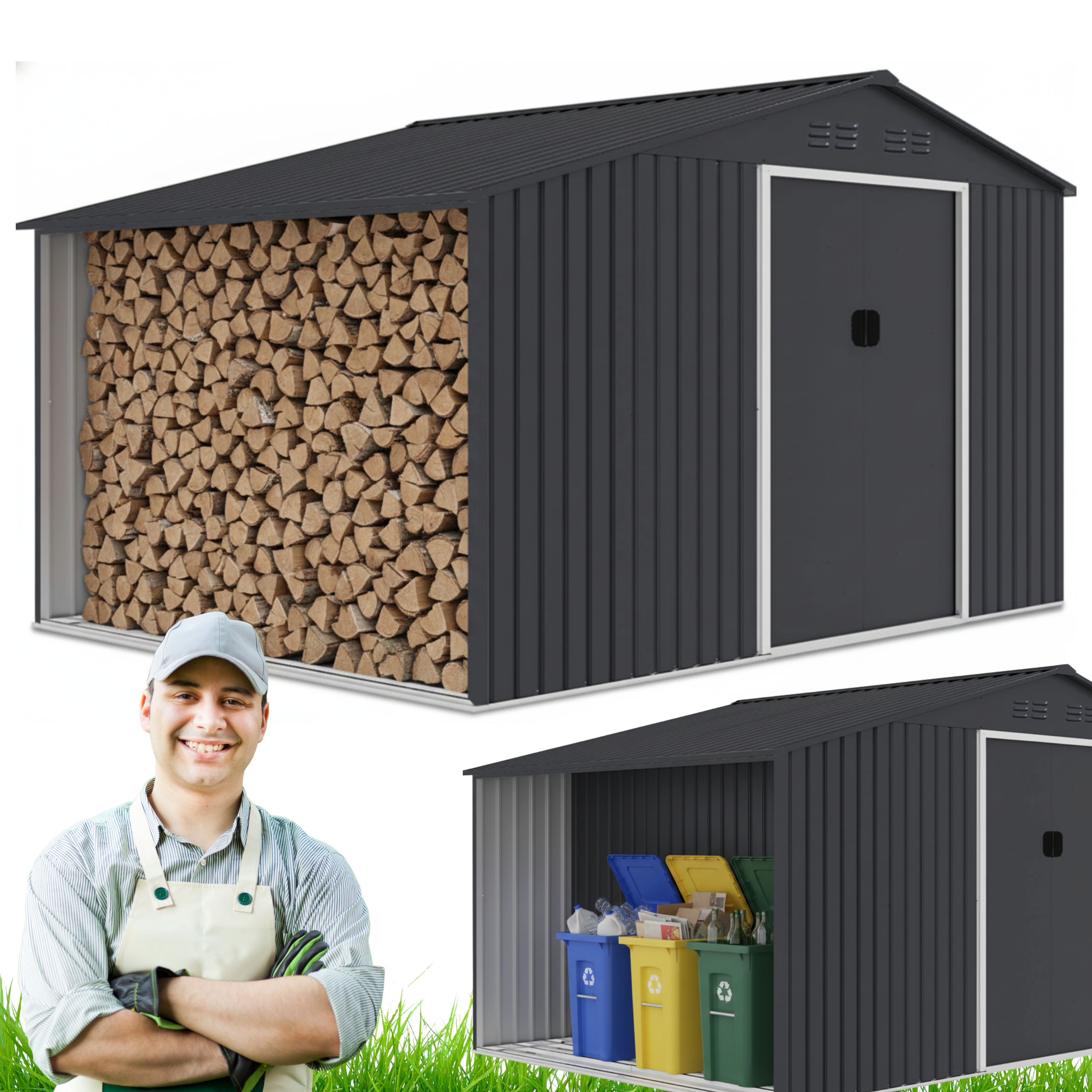 DOMEK narzędziowy ogrodowy szopa schowek garaż 312x185x194 z zintegrowaną drewutnią