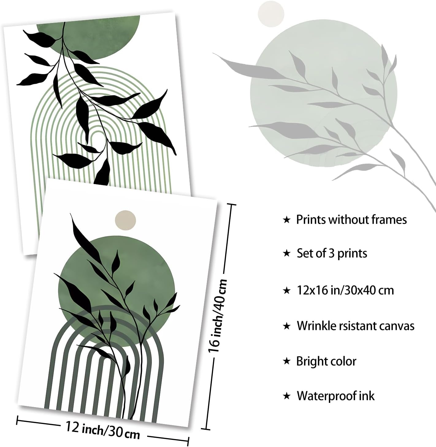 Art Mural Boho Vert Sauge, Tableau Décoration Murale Minimaliste Abstraite Géométrique Botanique, Affiche Moderne30x40 cm Sans Cadre, Lot de 3 - 5