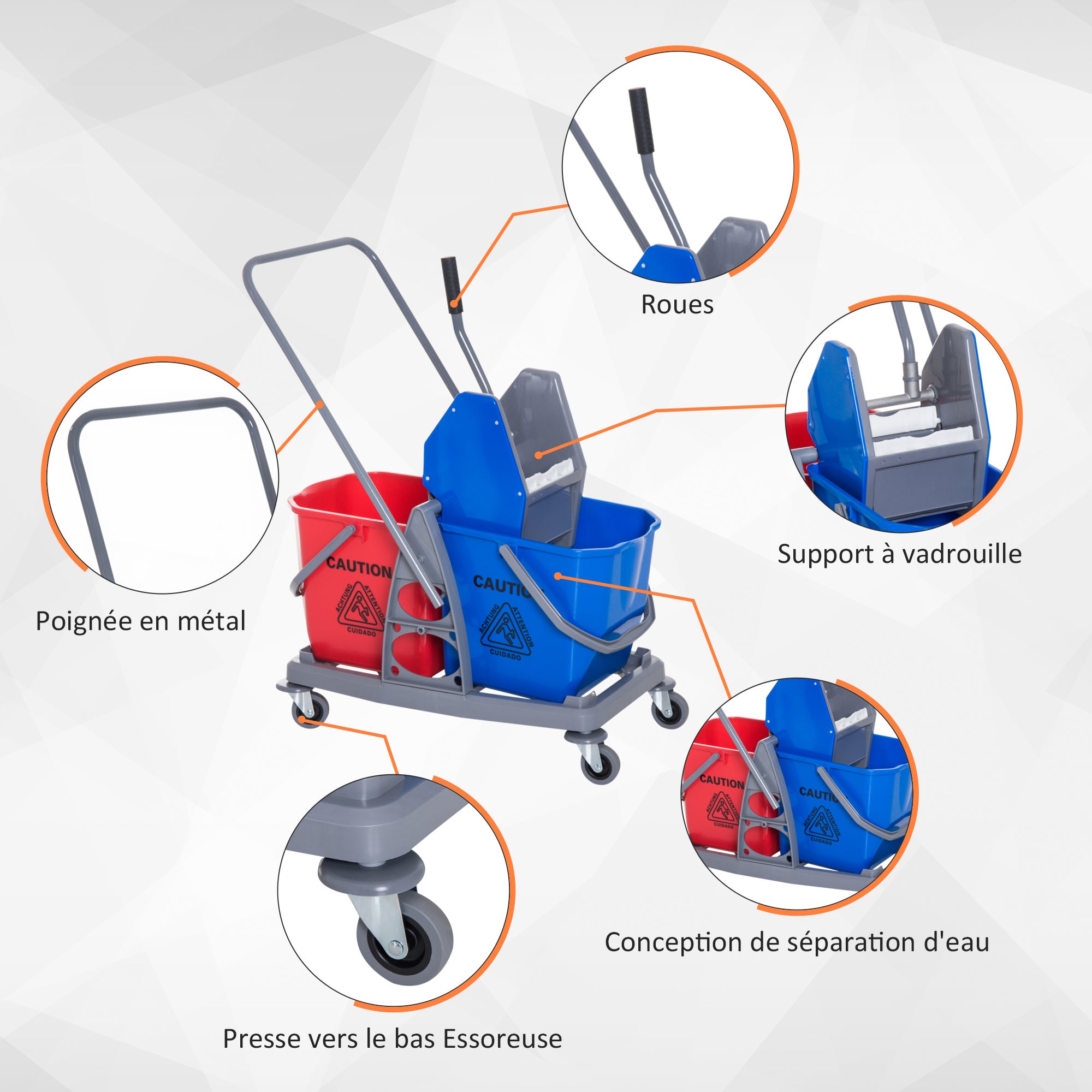 Chariot de lavage - chariot de nettoyage - HOMCOM - professionnel presse mâchoire 2 seaux 25 L mobile - plastique - gris bleu rouge - 7