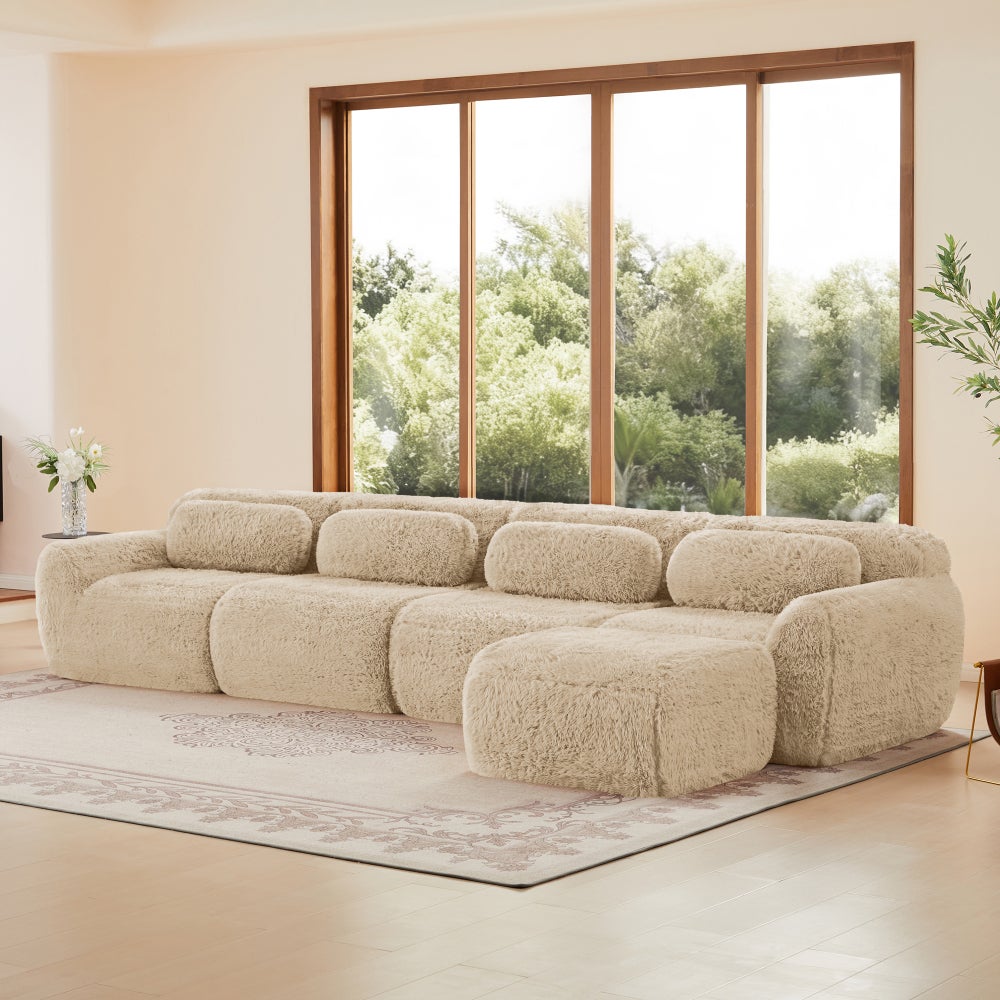 Sofa narożna, w kształcie litery L, 4-osobowa, modułowa, pluszowa, o konstrukcji leżanki, z poduszkami