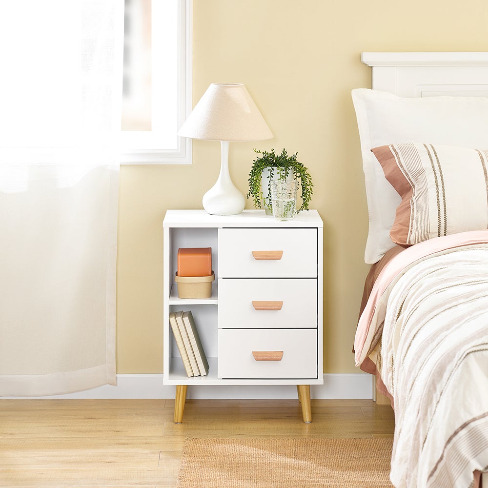 EUGAD Comodino per Camera da Letto, Mobiletto Bianco con 3 Cassetti, Cassettiera Piccola