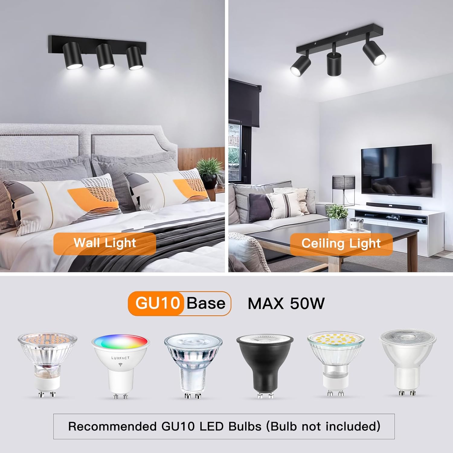 Luminaire Plafonnier Spot Orientable Noir, Moderne Spot Plafond GU10 Spot Interieur Plafond,Pivotants Plafonnier LED 3 Spots pour Cuisine,Sans Ampoule - 4