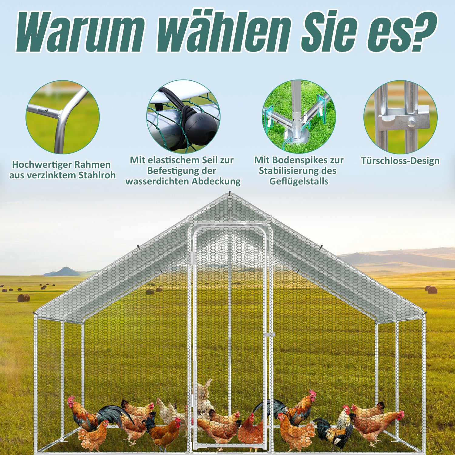 Kurnik 3×6×2 m – wybieg dla małych zwierząt, woliera zewnętrzna, klatka dla kur z ocynkowanej stali - 5