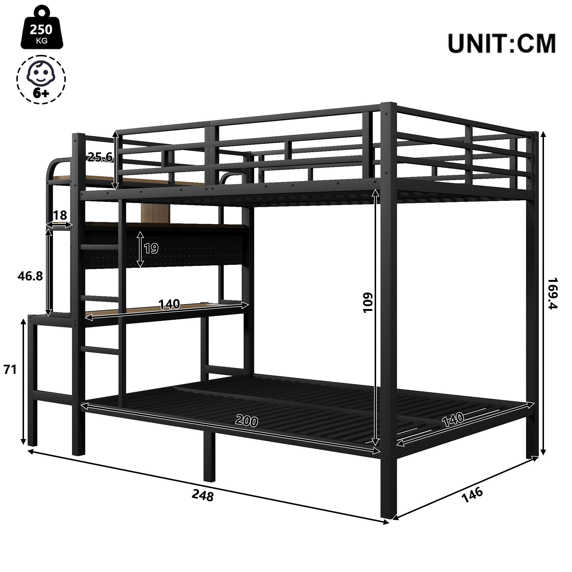 Łóżko piętrowe 2 x 140 x 200 cm z biurkiem, oświetleniem LED i portem USB - MDF + rama żelazna - czarne (materac nie jest wliczony w cenę) - 8