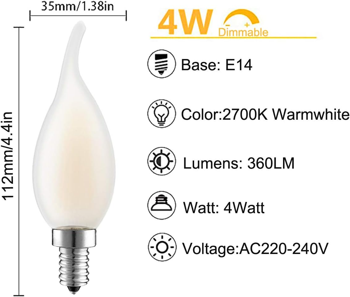 Ampoule LED E14 à Filament,Lot de 10 Ampoules Flamme,4 Watts Consommés Equivalence Incandescence 40W,2700K Blanc Chaud et 400LM - 2