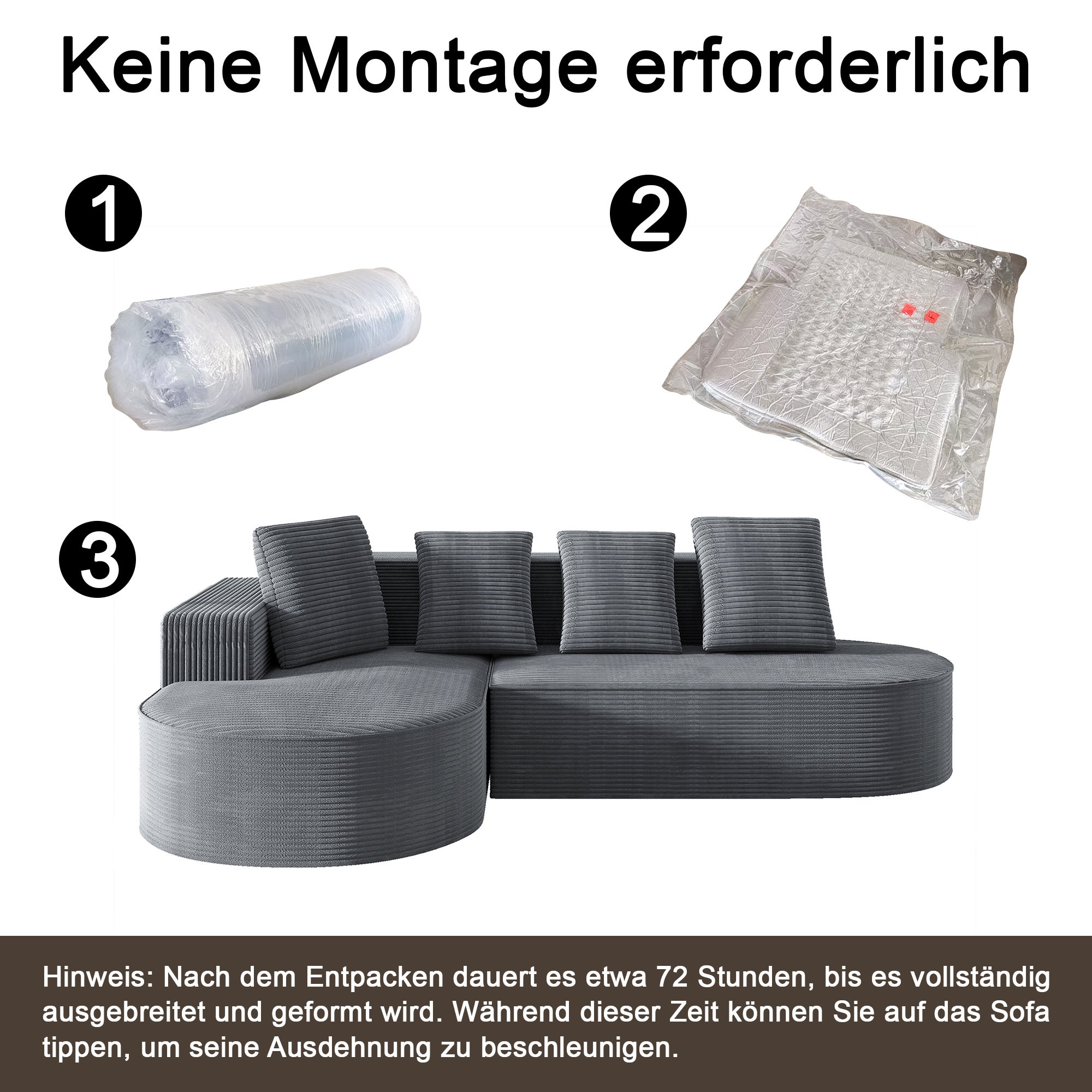 Homrelexa Divano Componibile A L Modulare | Velluto A Coste Grigio, Chaise Longue A Sinistra, Con Schiuma Refrigerante - 3