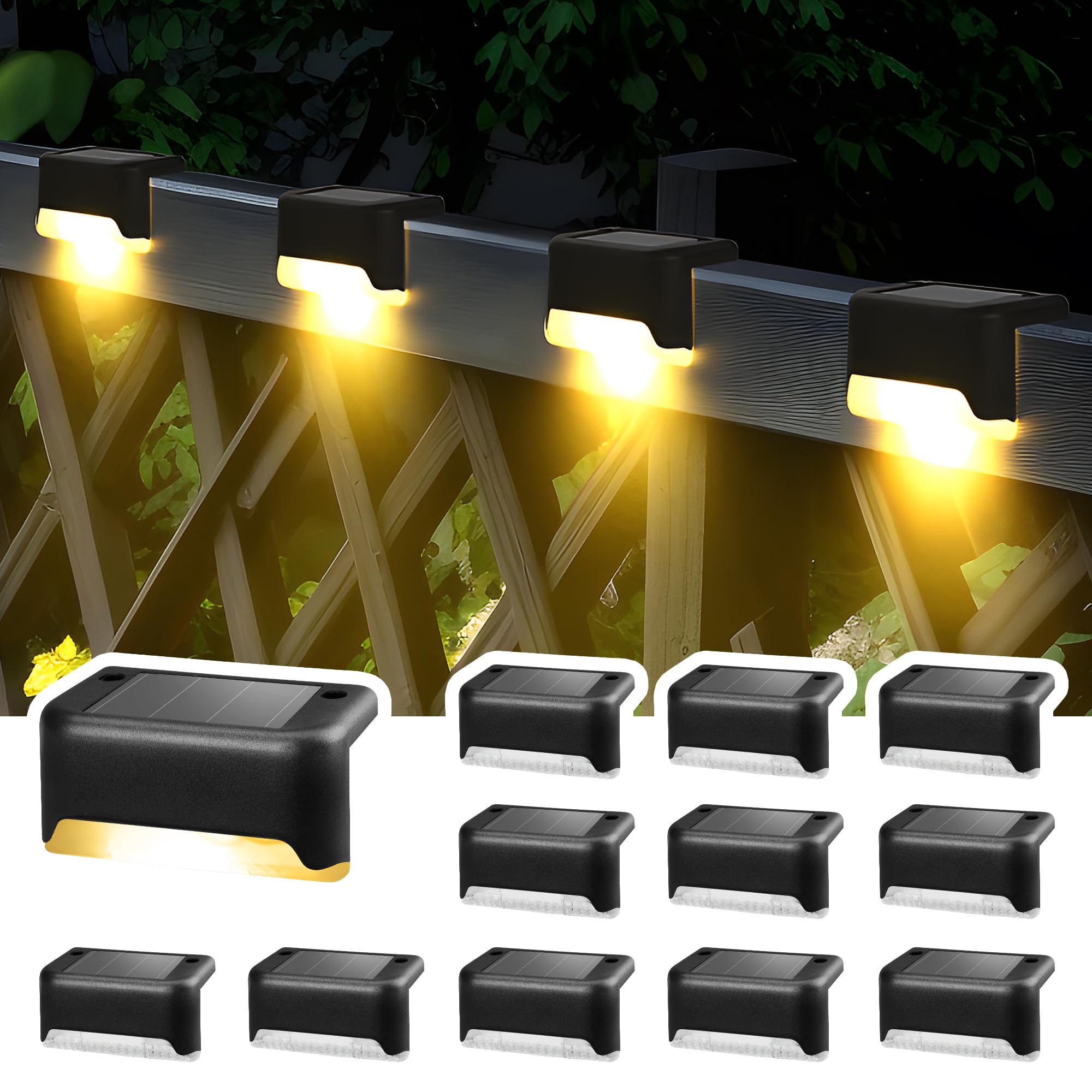 Zestaw 12 lamp solarnych zewnętrznych, wodoodporne lampki LED na schody zewnętrzne, stopnie, ogrodzenie, podwórko (czarne, białe ciepłe)