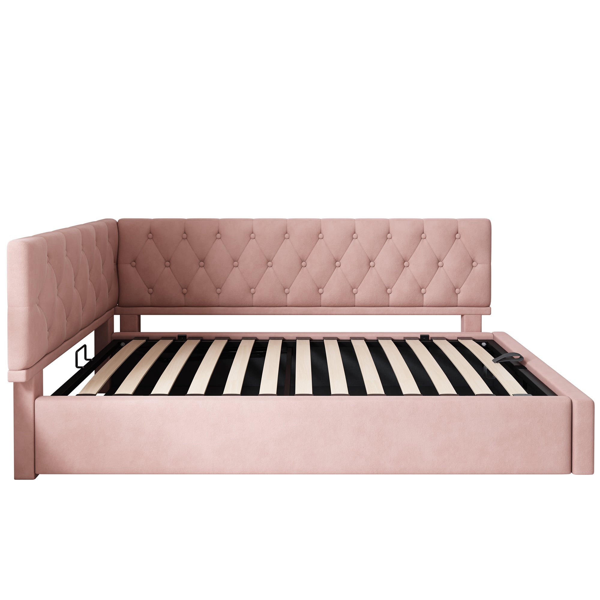 Rozkładana sofa 90 x 190 cm, z hydraulicznym schowkiem, aksamitna, różowa. - 5