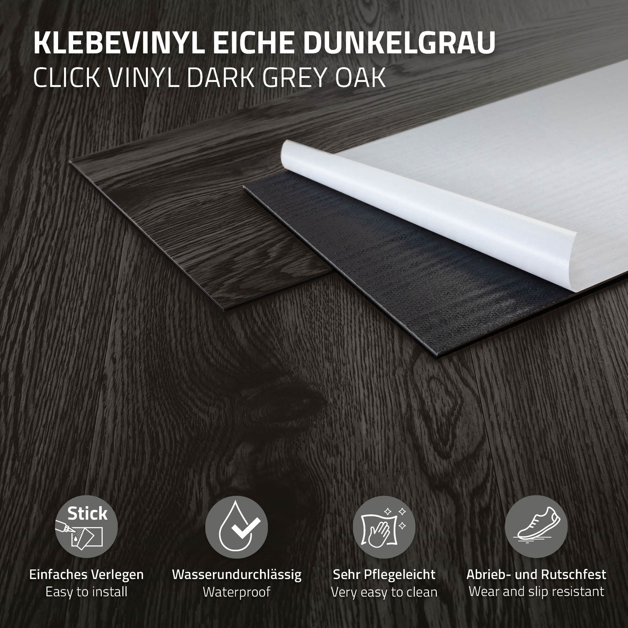 Revêtement de sol autocollant en PVC vinyle 2,23m²/16 planches 91,5 cm x 15,3 cm gris foncé aspect chêne antidérapant résistant à l'eau l'abrasion - 3
