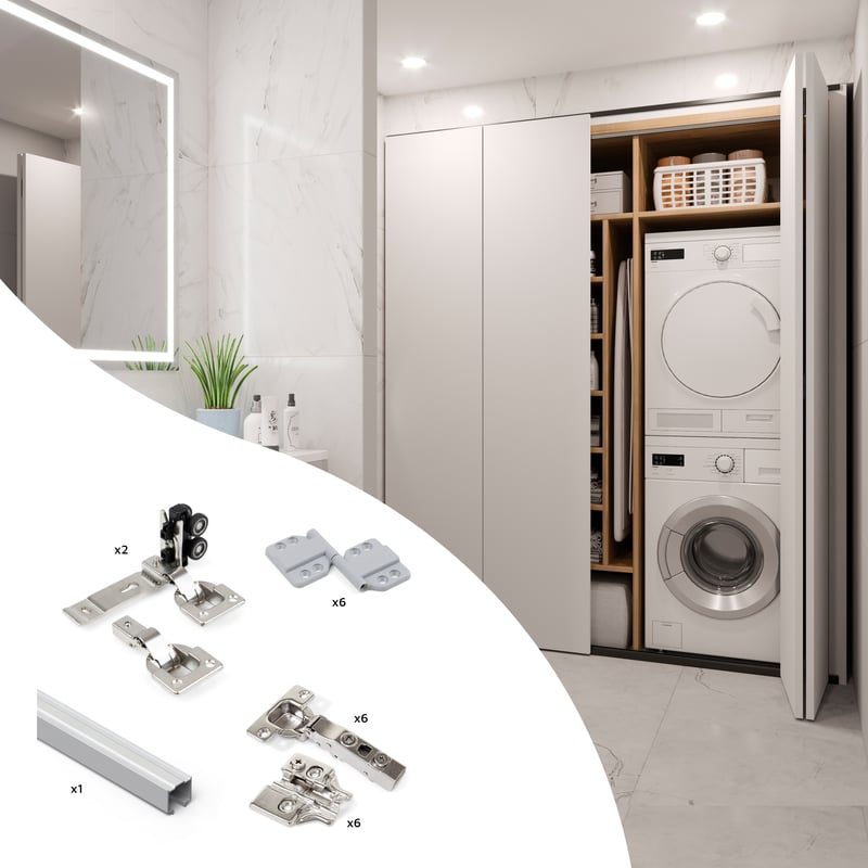 Emuca Zestaw okuć do szafy z 2 drzwiami przesuwnymi składanymi z cichym domykiem Twofold, na 4 płyty (nie dołączone), Bez prowadnicy, Anodowany mat