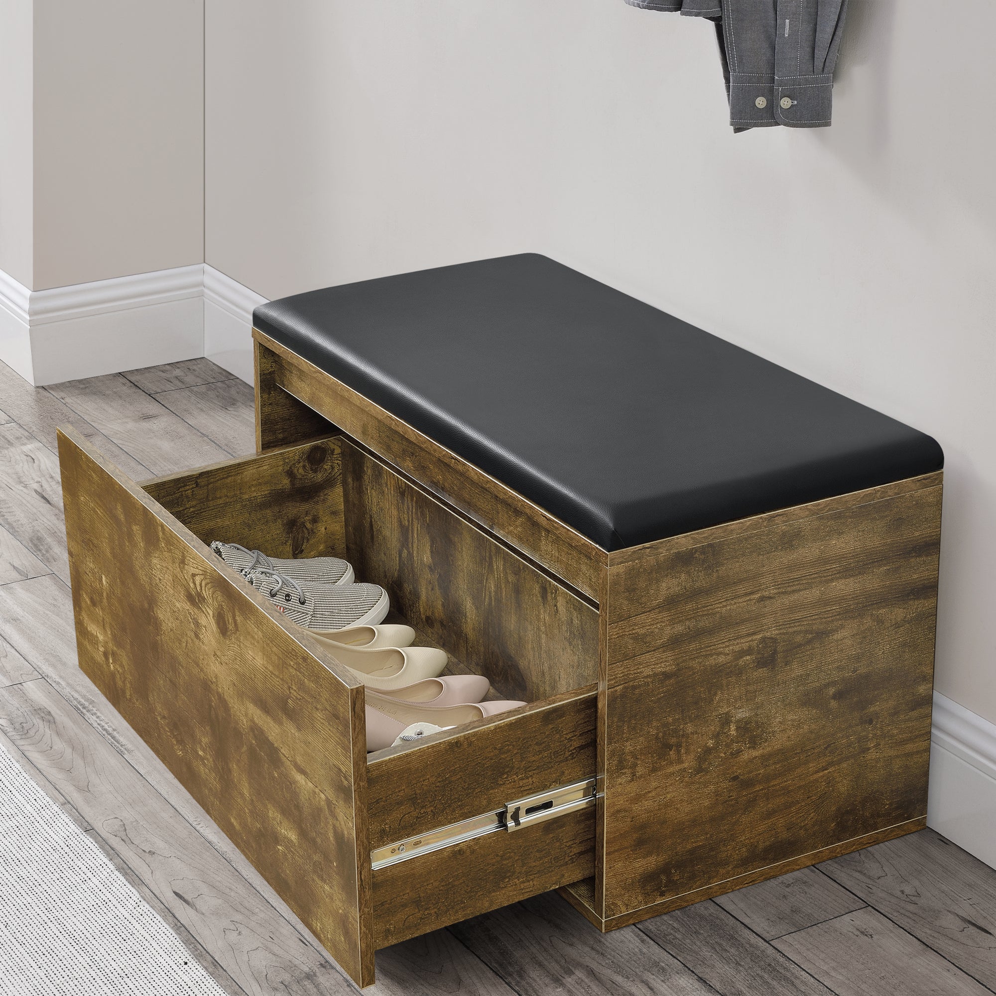 Banc à chaussures Degerfors 80 x 39 x 45 cm effet chêne foncé noir [en.casa] - 7