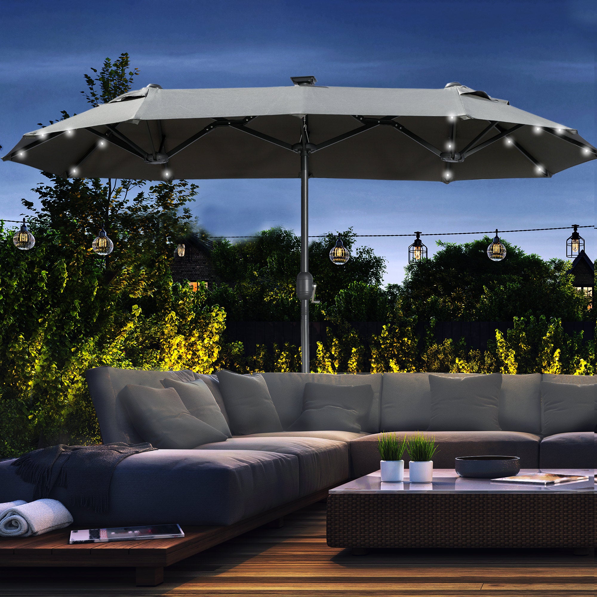 Ombrellone da patio 392 cm con luci solari LED, Ombrello da mercato