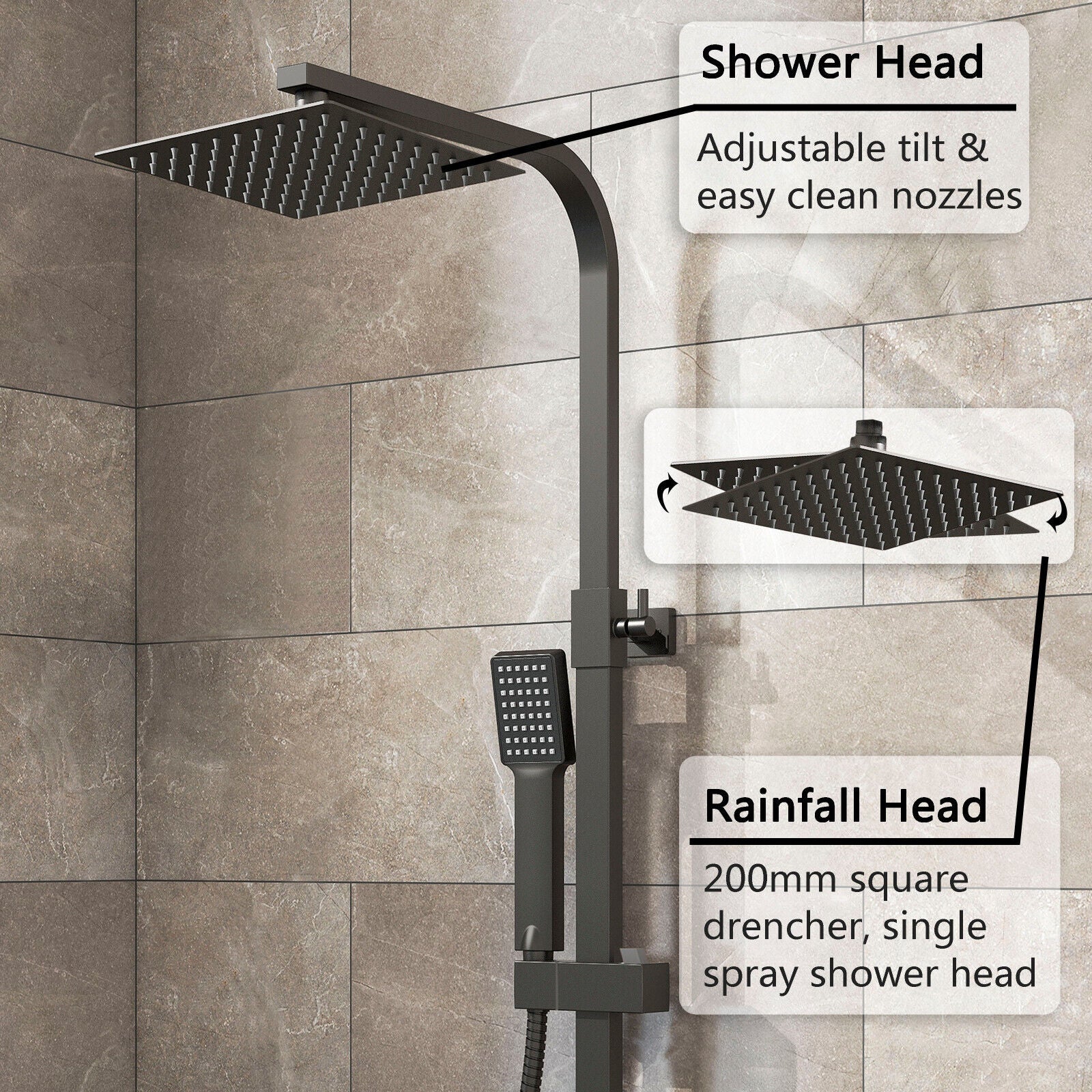 Colonne de douche thermostatique carrée noire avec réglage en hauteur AICA - 3