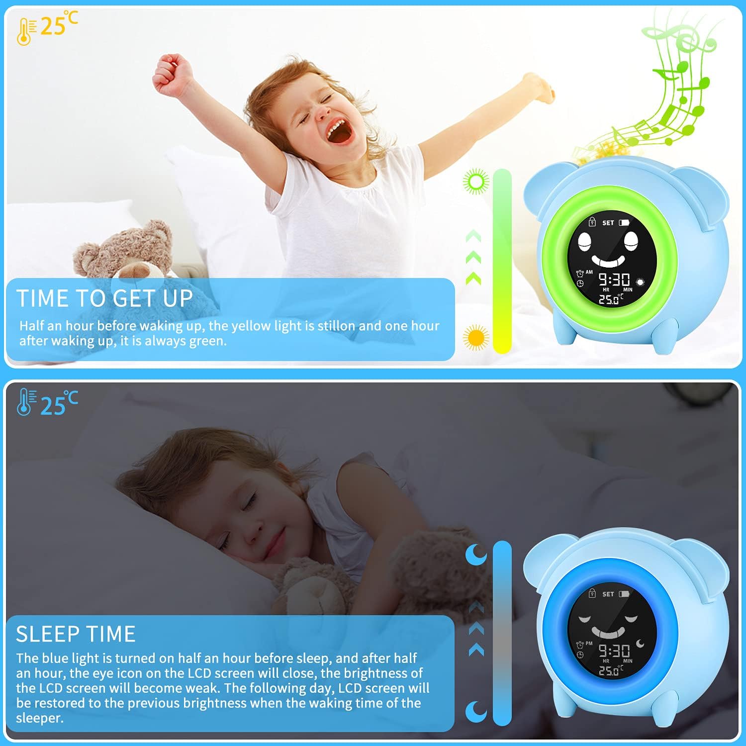 Ayybboo Réveil Lumineux Pour Enfants,Horloge Numérique LED Avec Veilleuse,Alarme Snooze,Volume Réglable,USB Rechargeable,Jour/Nuit Enfants Filles Garçons( Bleu