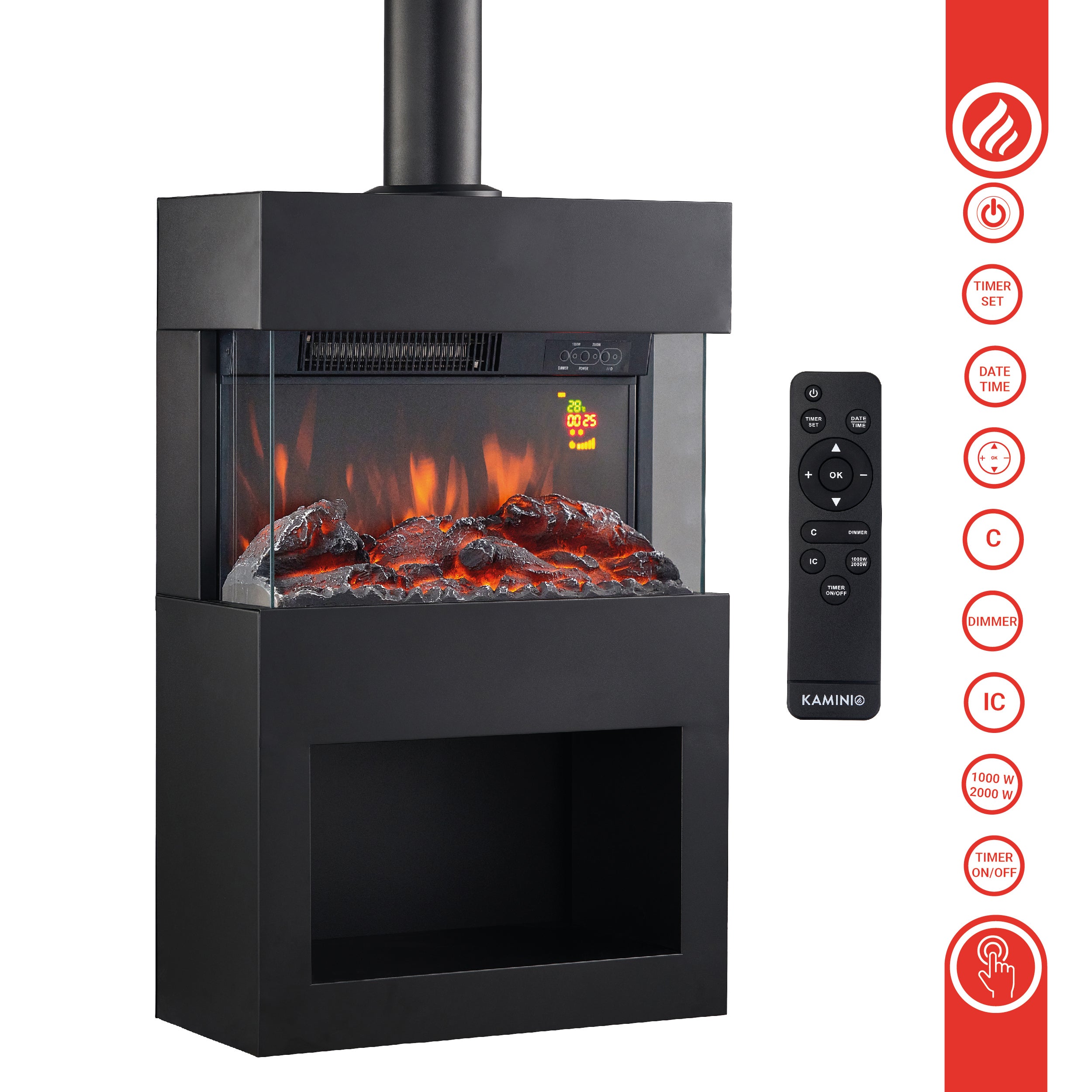 KAMINIO Cheminée Électrique HENRI avec Tuyau - Poêle avec Chauffage, Effet de flamme 3D, Compartiment à bois, Télécommande - Noir - 5