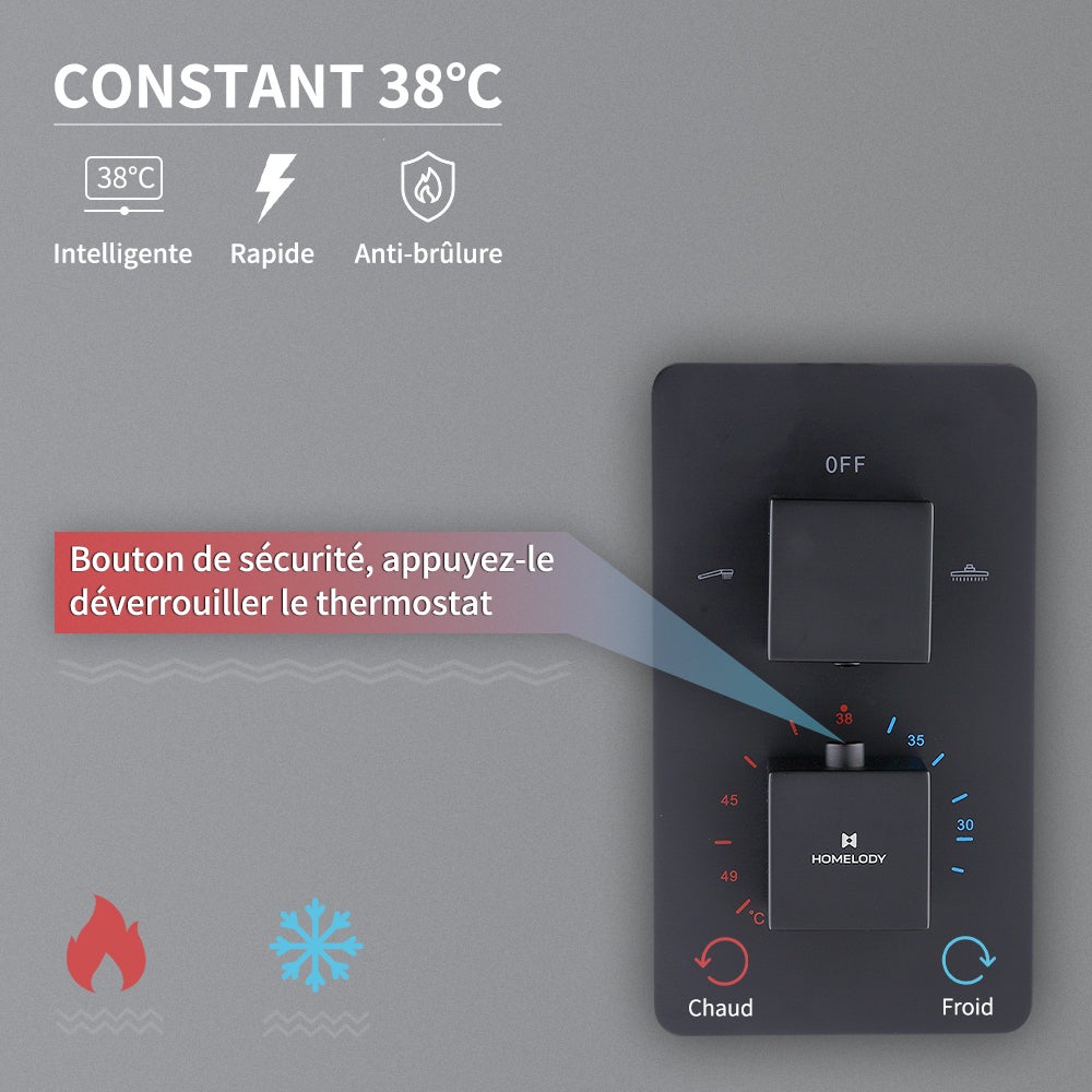 Colonne de Douche Encastrée Noir Système de Douche Thermostat en Laiton avec Tête de Douche Carrée 30*30CM HOMELODY - 4