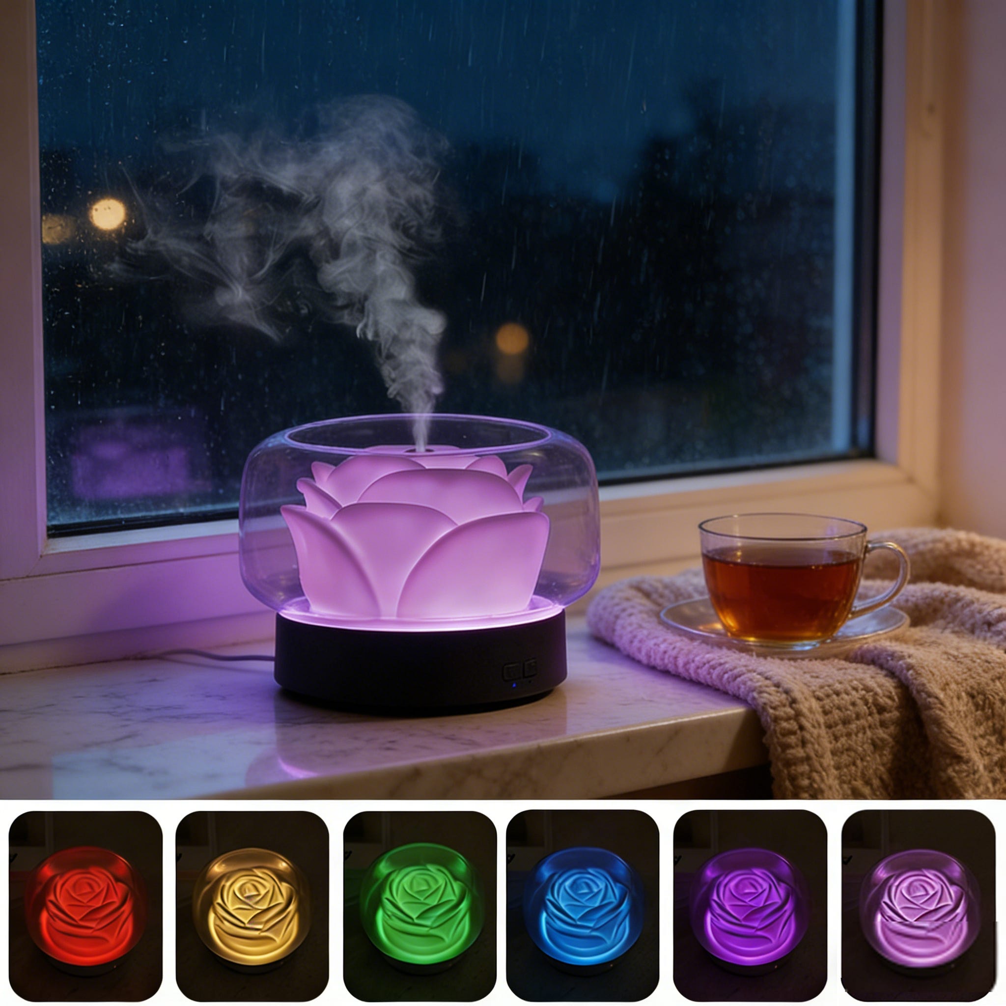 Diffuseur aromathérapie forme rose gris 400ml LED 7 couleurs lumière ...