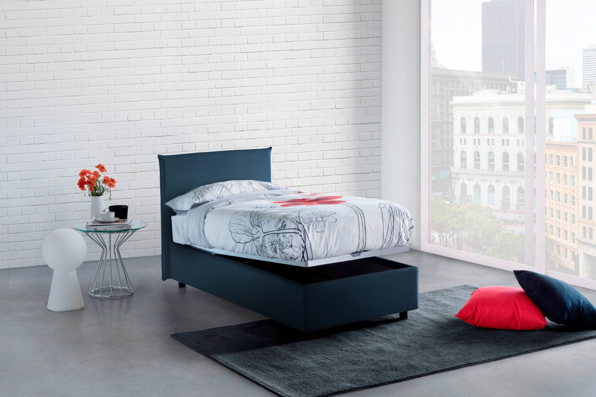 Lit simple Alder, Lit coffre avec revêtement en tissu, 100% Made in ...