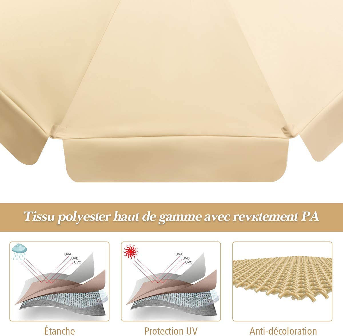 parasol inclinable ø300cm avec manivelle anti-uv,protection solaire toile polyester imperméable pour jardin,terrasse, balcon - 3