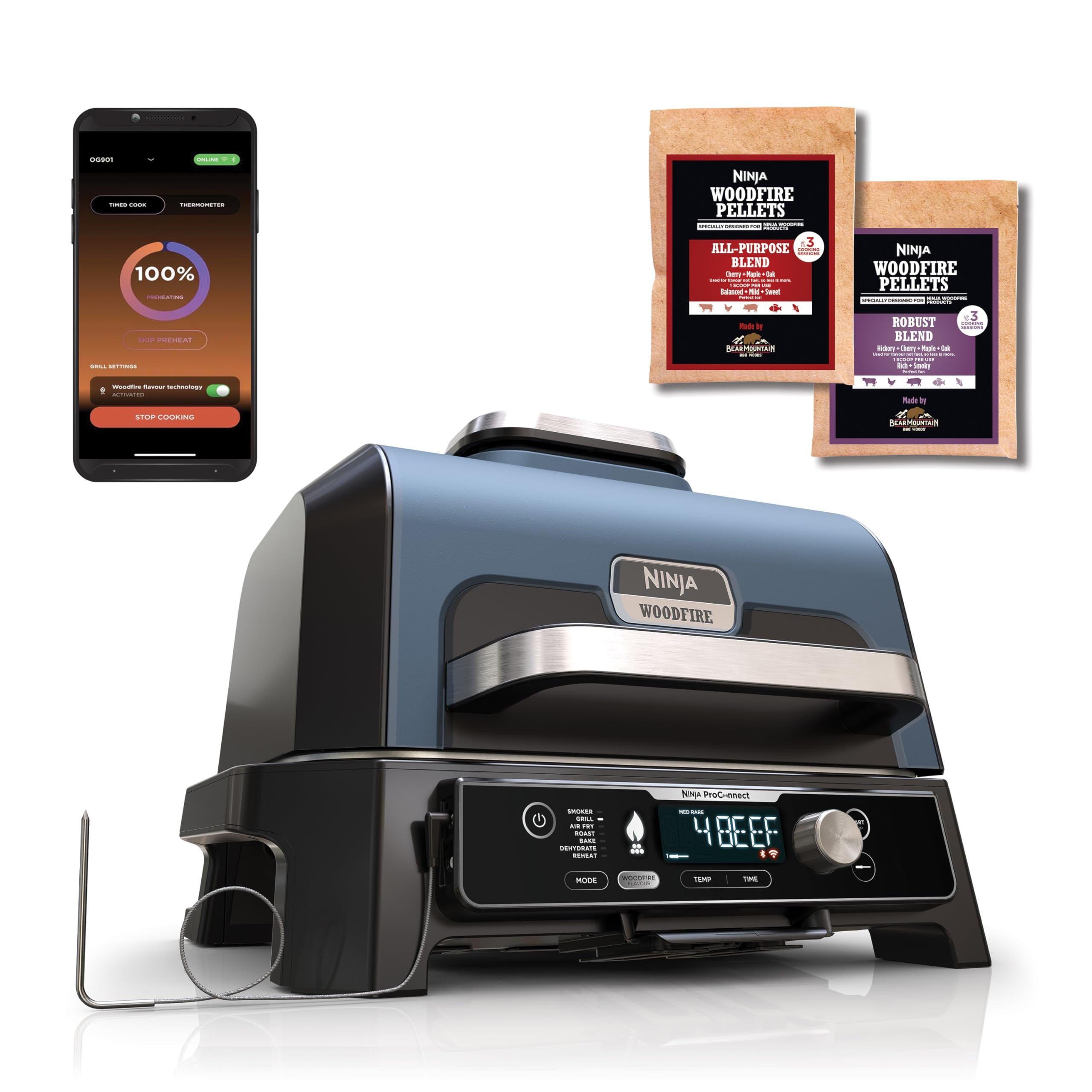 Ninja Woodfire Barbecue Elettrico XL, Griglia Friggitrice ad Aria e