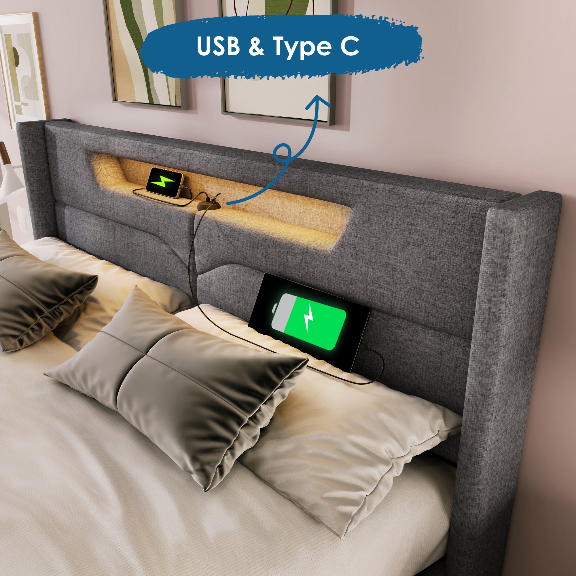 Cama arcón doble, lino, carga USB tipo C e iluminación LED, (140 x 200 cm, gris, sin colchón) - 5