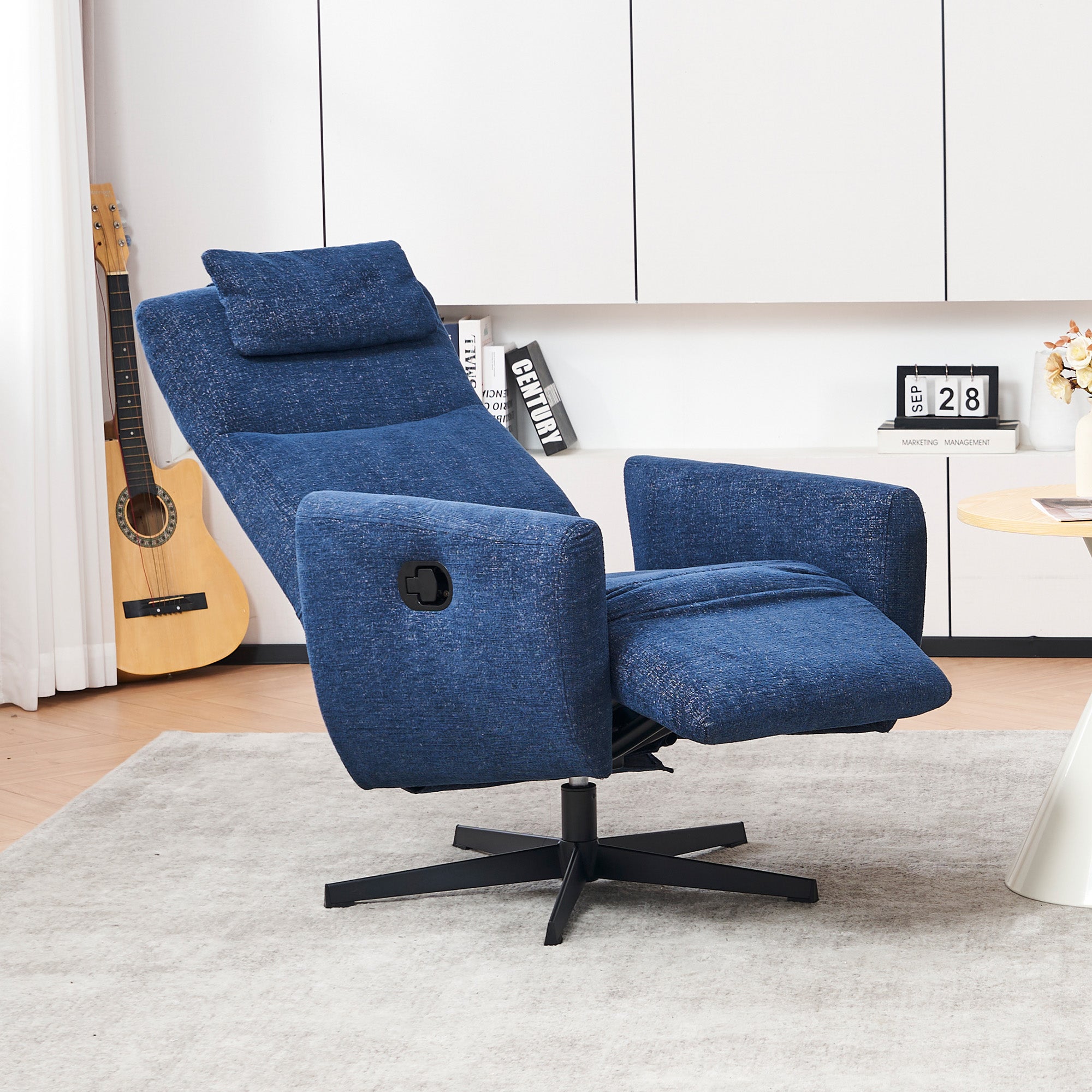 Fauteuil relax bleu avec repose-pieds, inclinable, pivotant 360°, fauteuil TV et lounge pour salon moderne - 9