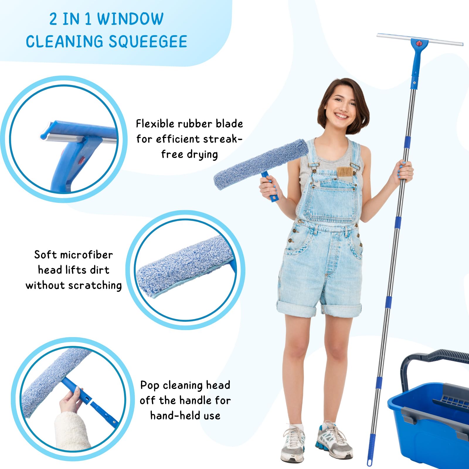 OBOSOE Kit retrátil para limpeza de vidros com balde, rodo e cabo de 4 secções, raspador e limpa vidros (150 cm). - 3