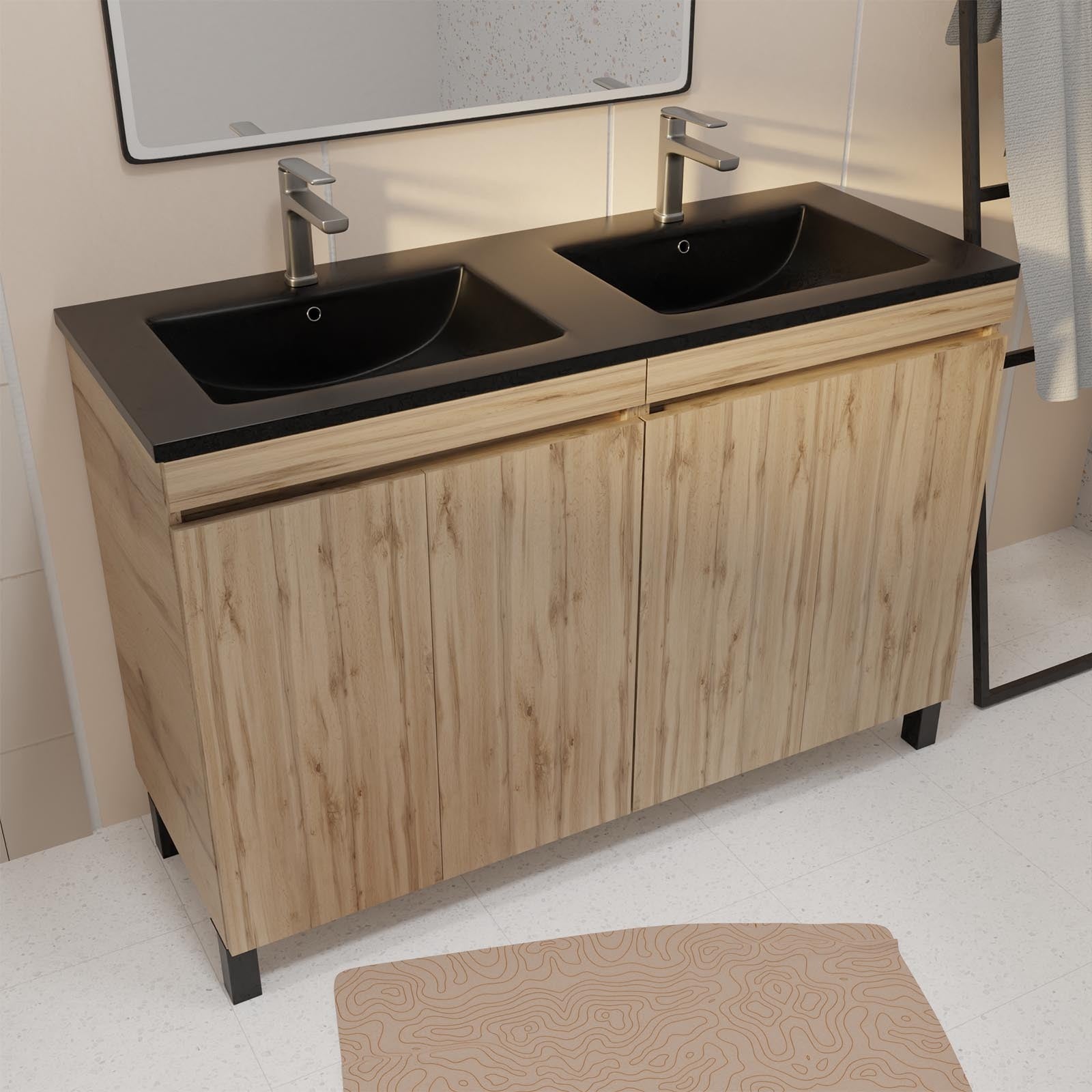 Meuble de salle de bains 120 cm 4 Portes Chêne Naturel + Vasque Double Céramique Noire - TIMBER - 5