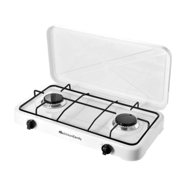 Réchaud à gaz MELCHIONI FAMILY MINERVA NEW 2, 2 brûleurs, brûleurs amovibles, flamme réglable, portable, usage exclusif à l'extérieur, blanc