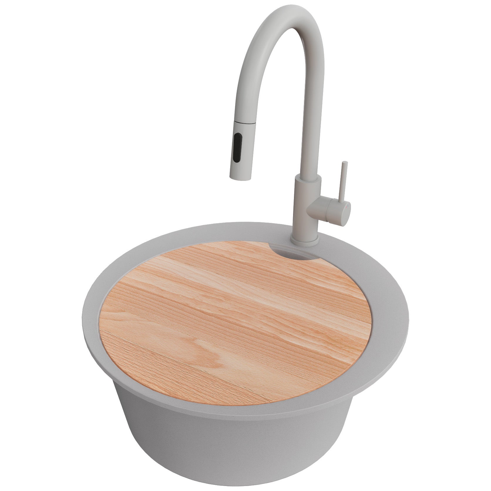 Zlewozmywak Granitowy Okrągły Szary 50x50cm, Zlew Kuchenny 1 Komorowy + Bateria 40x20cm + Syfon + Deska, Nablatowy do szafki od 45cm - Piza PRIMAGRAN