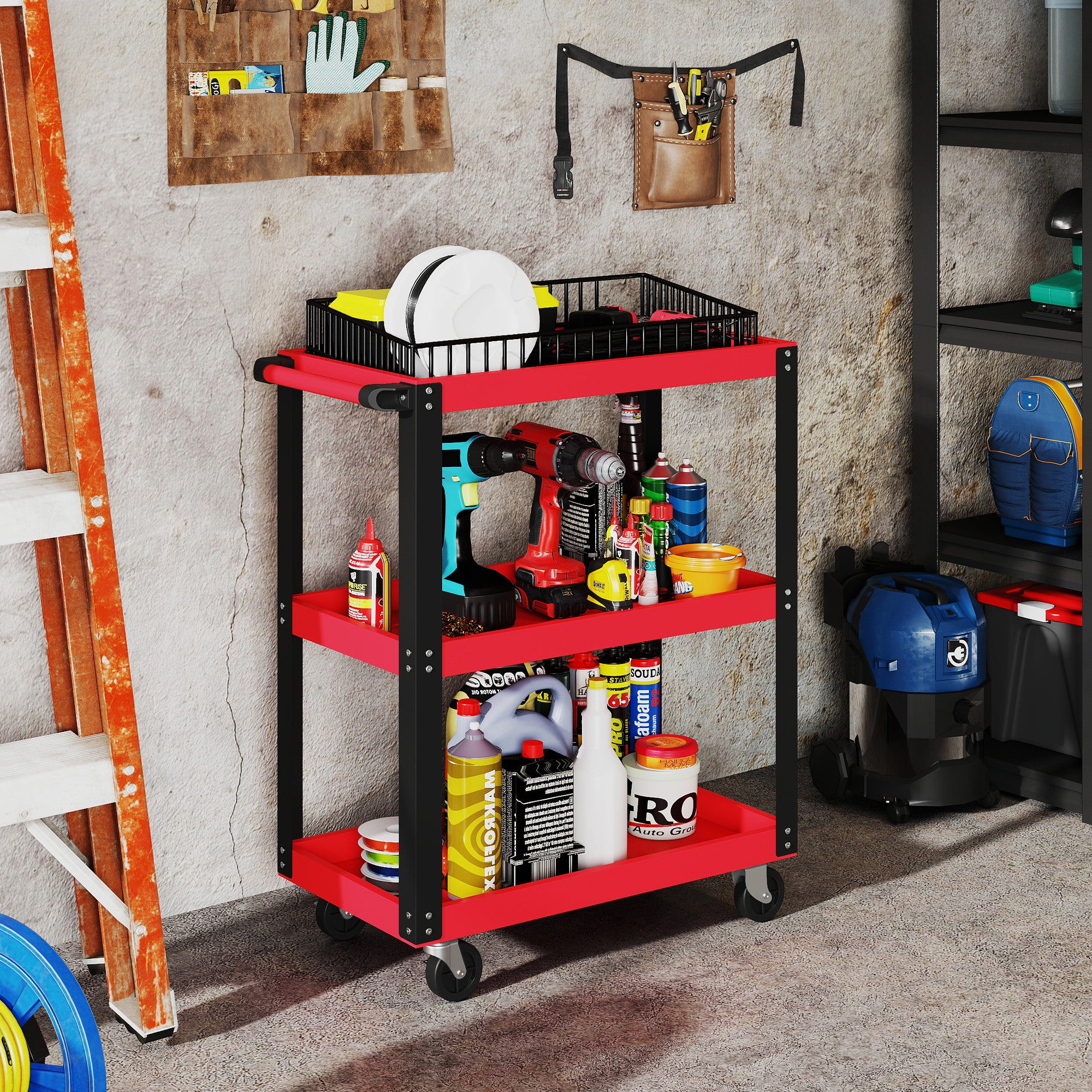 Carrello portautensili a 3 ripiani, struttura in metallo, portata 120 kg, ruote, maniglia, rosso - 3