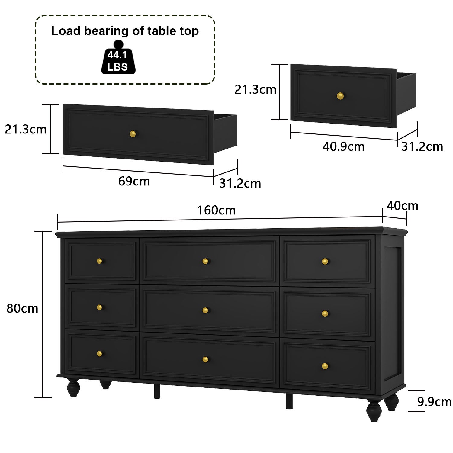 Commode Moderne avec 9 Tiroirs,160x40x80cm,Noir - 2