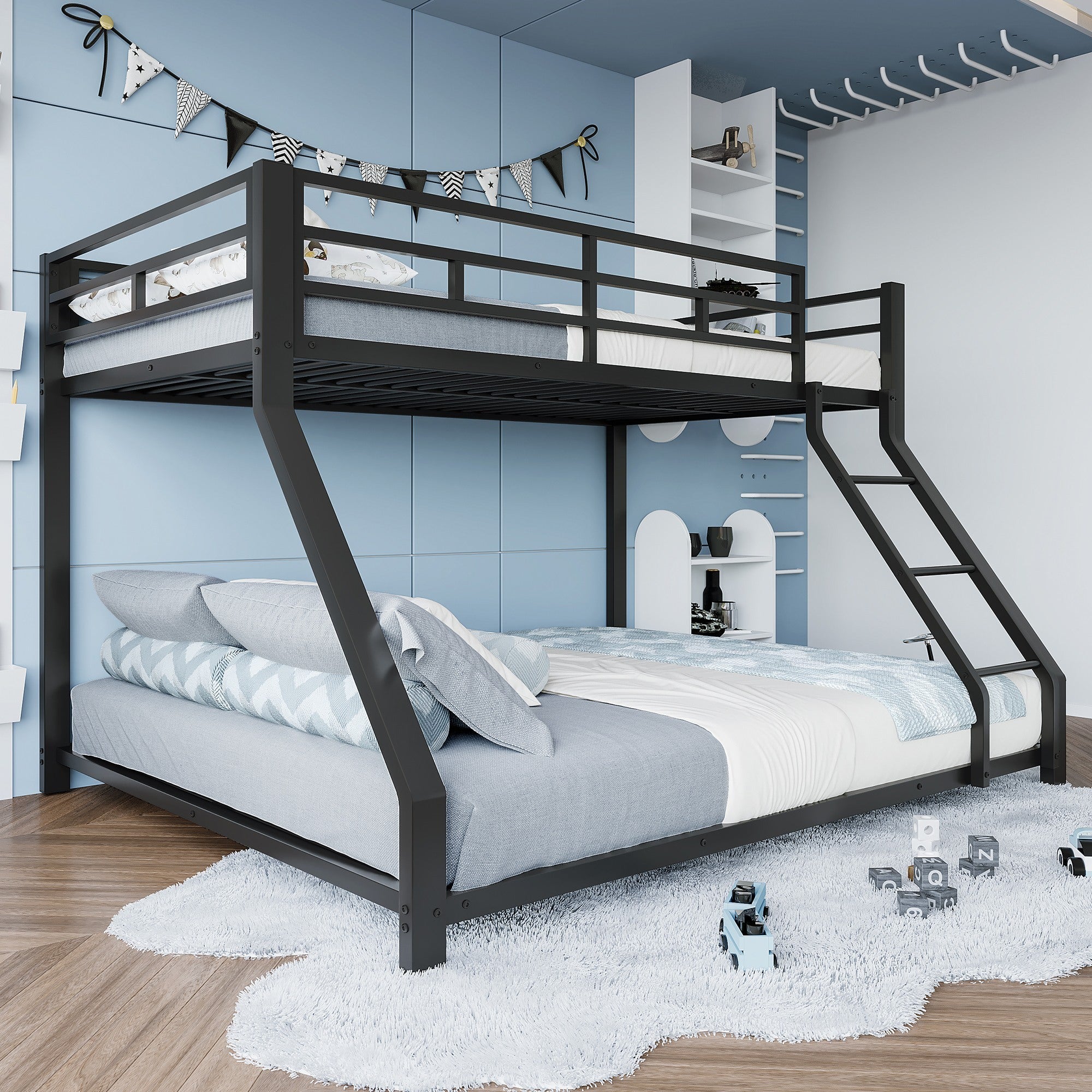 Lit superposé enfant 2/3 palces 90/140 x200cm Lit adulte Lit double en métal avec Escaliers Balustrades et Sommier à lattes - noir - 3