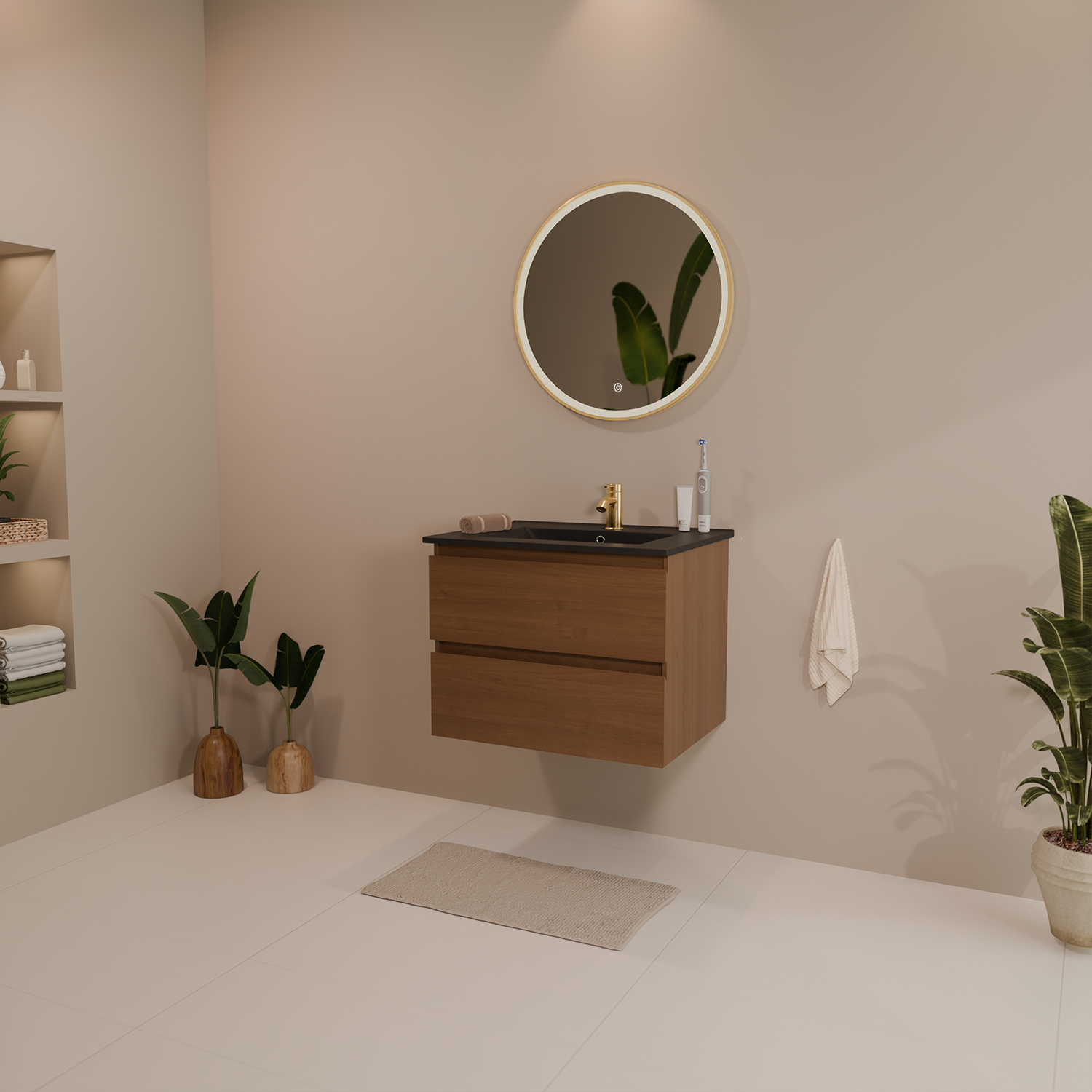 LOMAZOO Meuble De Salle De Bain Marenza Chêne Chaud 60cm - lavabo noir - 2