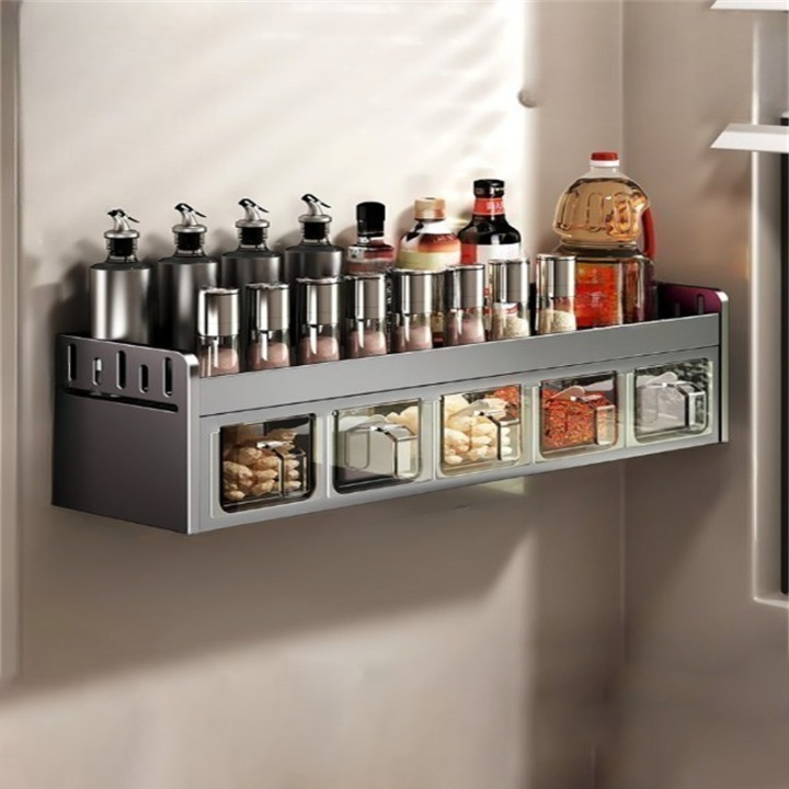 Wieszak na przyprawy montowany na ścianie bez wiercenia - Szary, kuchenny organizer z dołączonymi pudełkami, duża pojemność 45×12,5×14 cm