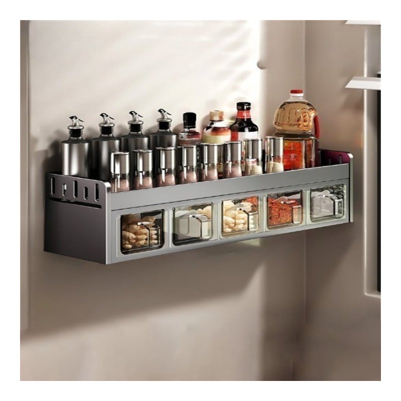 Wieszak na przyprawy montowany na ścianie bez wiercenia - Szary, kuchenny organizer z dołączonymi pudełkami, duża pojemność 45×12,5×14 cm