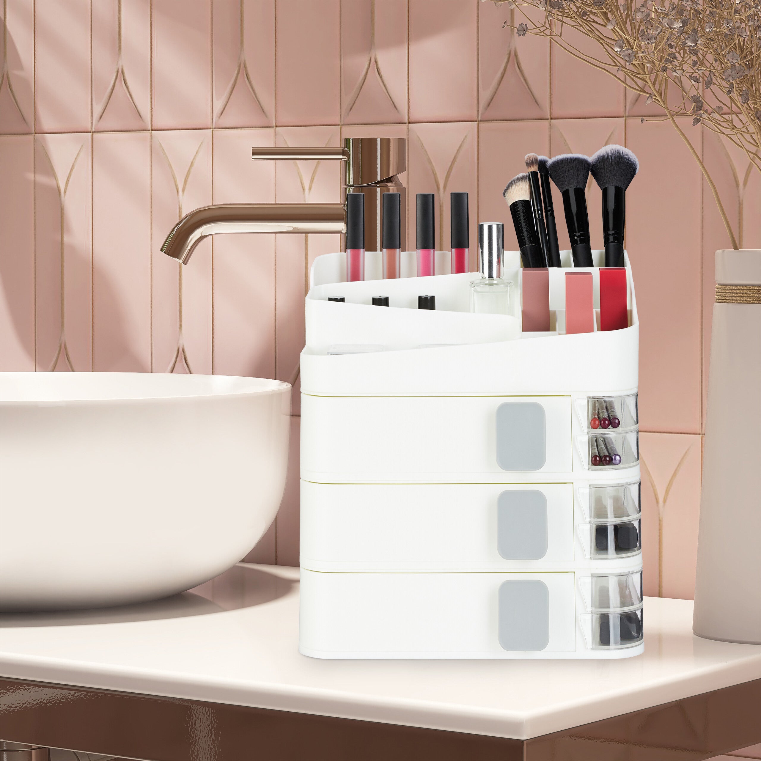 Relaxdays Corbeille De Rangement 4 Compartiments - Blanc - 10 X 32 X 27 Cm Pour Salle De Bain Et Cosmétiques