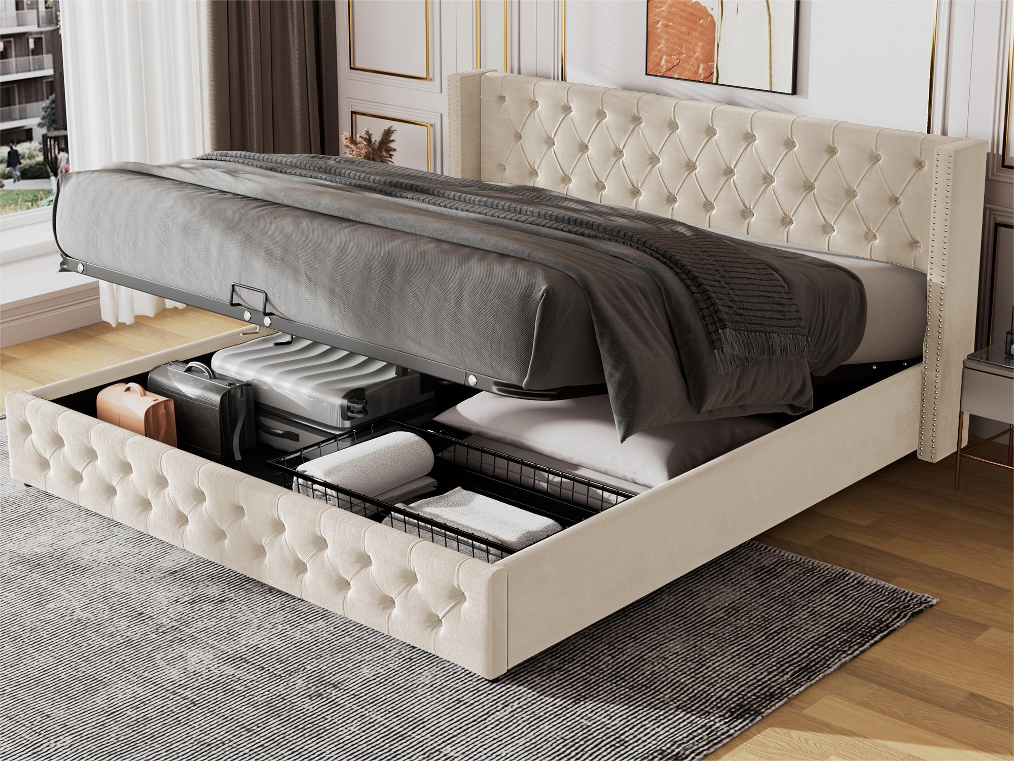Aksamitne łóżko skrzyniowe 140x190 cm z listwową podstawą - beżowe