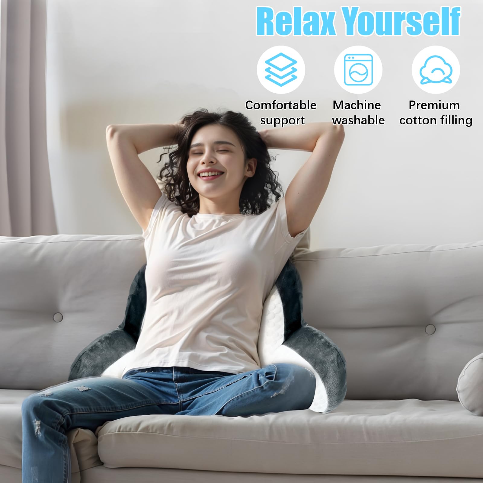 Coussin de lecture, 70 x 50 cm Coussin de dossier Canapé, Coussin de lecture Lit adulte avec support de cou/bras, Gris et blanc - 3