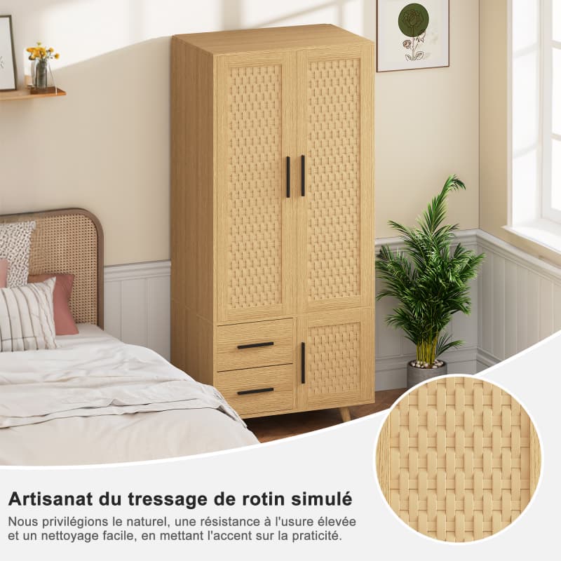 Móvel de arrumação madeira carvalho, portas rattan, 2 gavetas, 1 compartimento, estilo escandinavo, pés madeira, para quarto e sala. - 6
