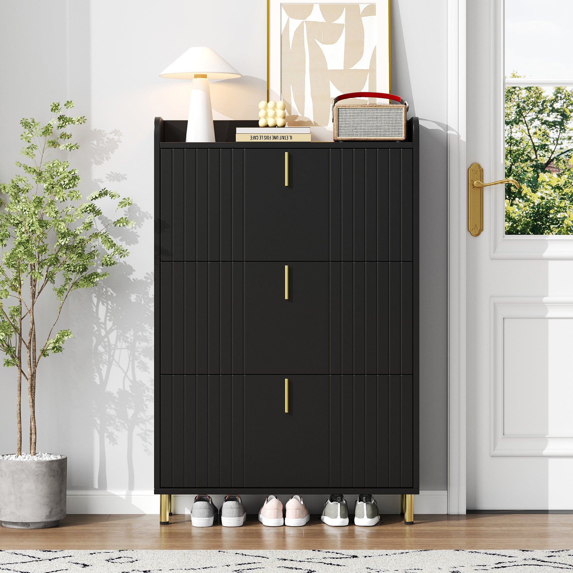 Meuble à chaussures avec 3 portes rabattables et dispositif anti-basculement - 80 x 23,5 x 123,5 cm - MDF - Noir - 4