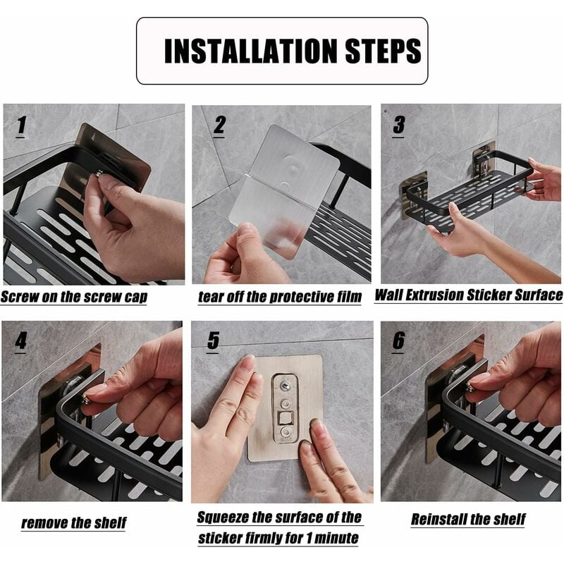 Caddy de chuveiro, zenamento de chuveiro sem perfuração, 2 peças, cesta de banheiro de alumínio, zenamento de chuveiro preto - 4