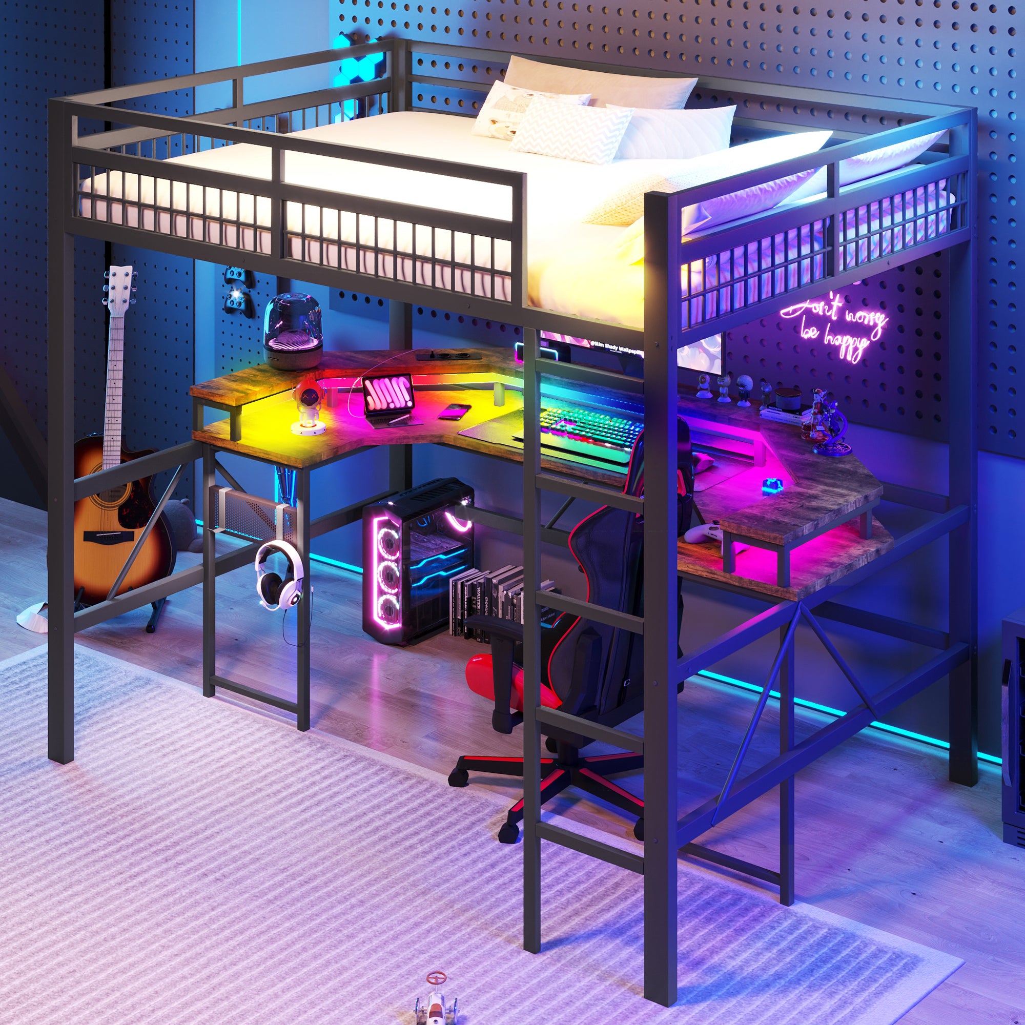 Łóżko na antresoli 140x200 cm - Oświetlenie LED - Wbudowane biurko - 1 port USB + 1 port Type-C + 2 gniazdka elektryczne - Czarny