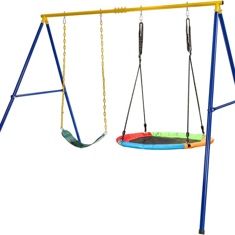 Zestaw Huśtawki i Drabinki, Metalowa Konstrukcja Typu A na 2 Osoby i Huśtawka Typu „Ptasie Gniazdo”, Wysokość 181,5 cm, Nośność 300 kg