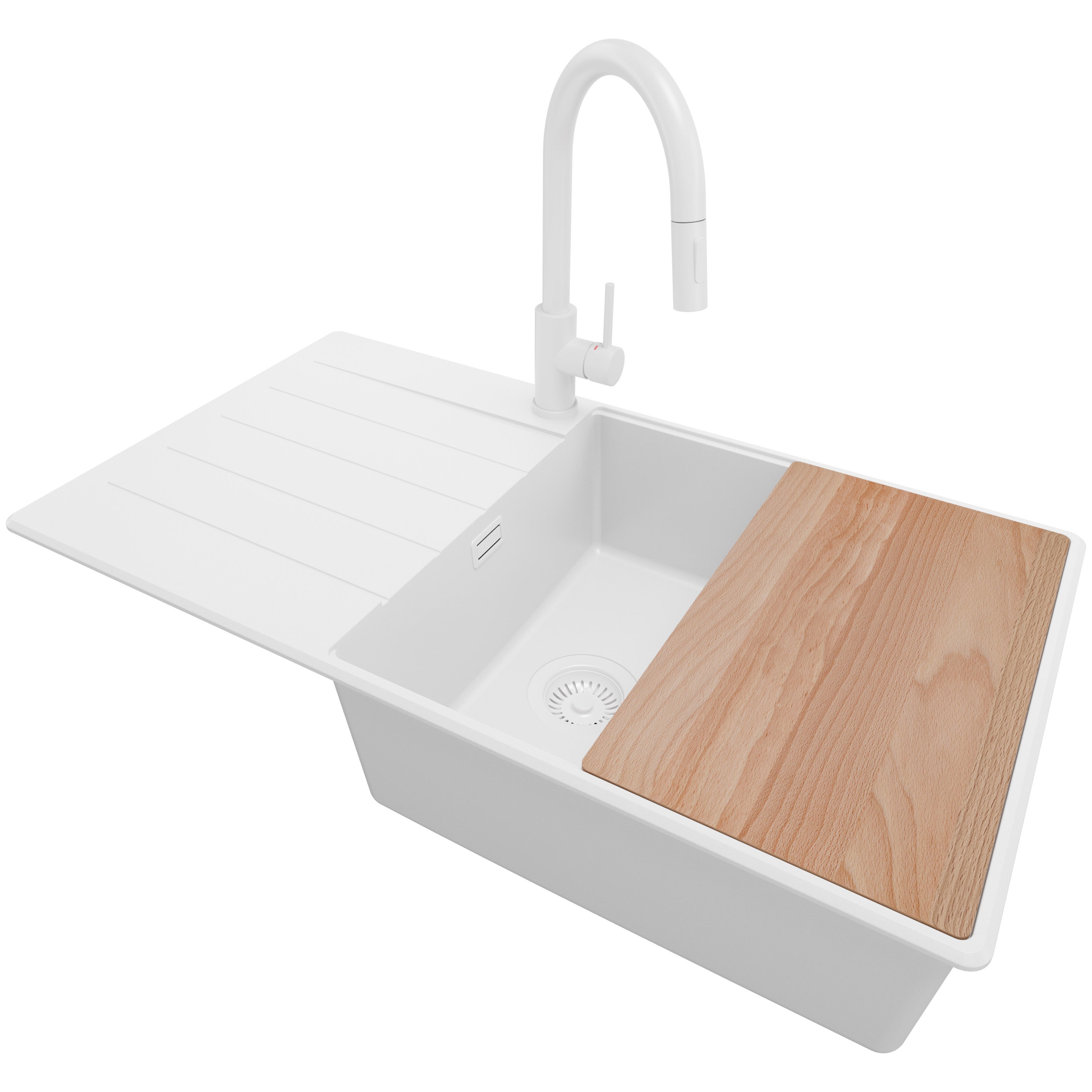 Zlewozmywak Granitowy Cały Biały 90x50cm, Zlew Kuchenny 1 Komorowy + Syfon + Akcesoria, Nablatowy do szafki od 60cm - Kopenhaga PRIMAGRAN