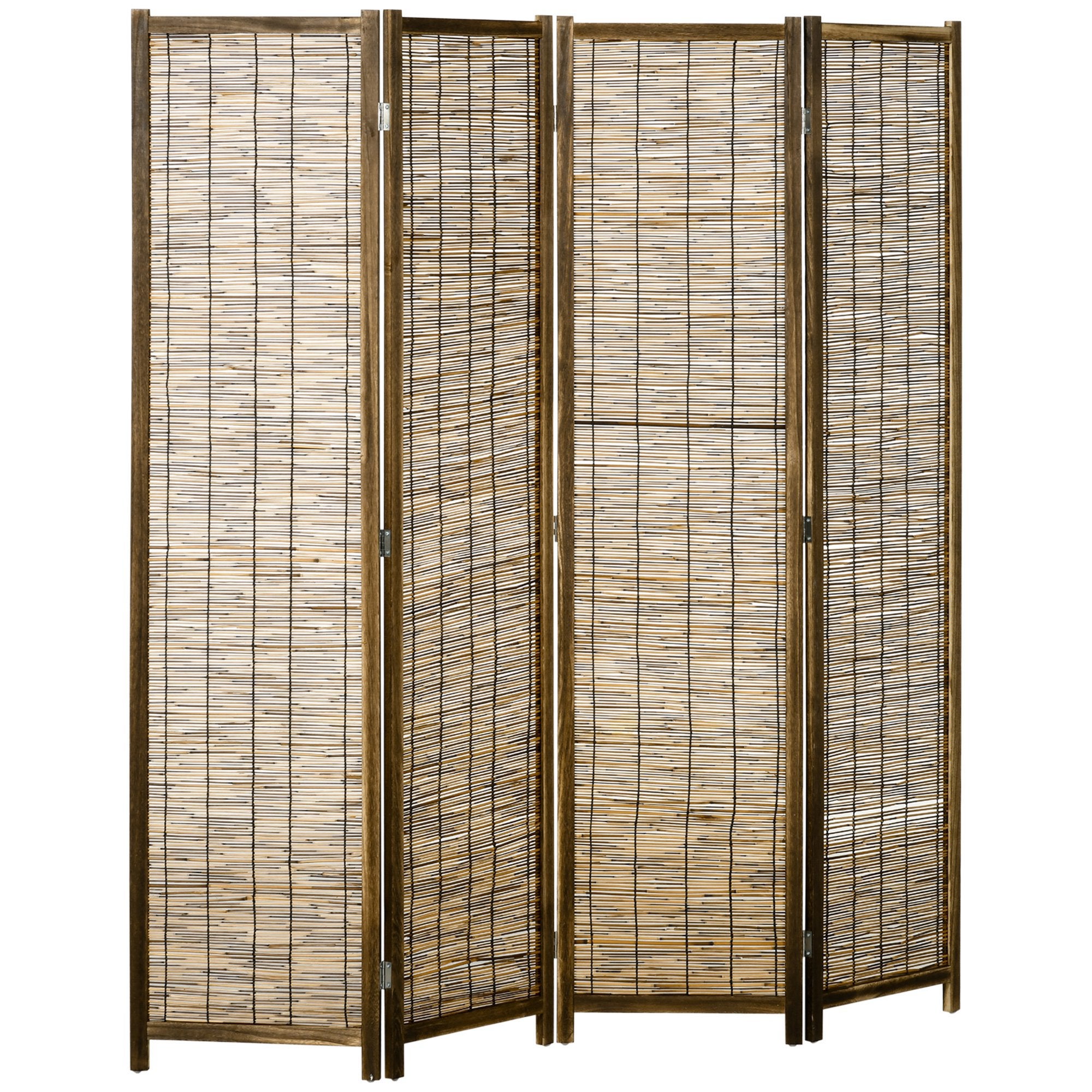 Mampara divisoria de habitaciones，biombo plegable de cuatro paneles, 160 x 1,8 x 170 cm, separador de ambientes de madera natural y junco.