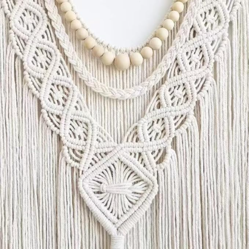 Tenture murale macramé bohème, Fait main en coton ivoire, Grand décor pour salon, chambre et mariages, Avec perles en bois beiges - 4