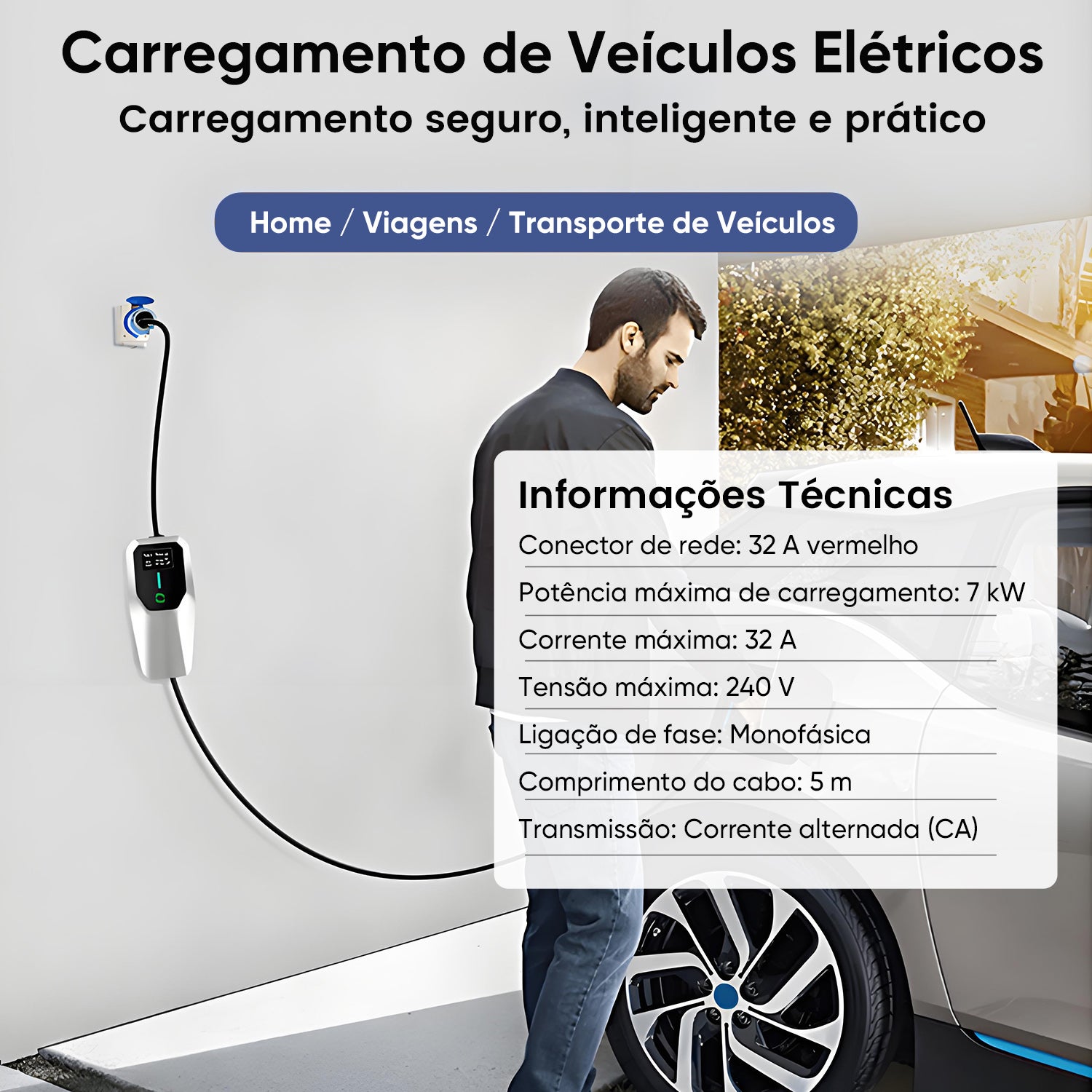 HEXINEX Carregador Veículo Elétrico 7 kW 32A Tipo 2 | Cabo de 5 m com Adaptador Tomada CEE 7/7 | IP67 | IEC 62196 - 2