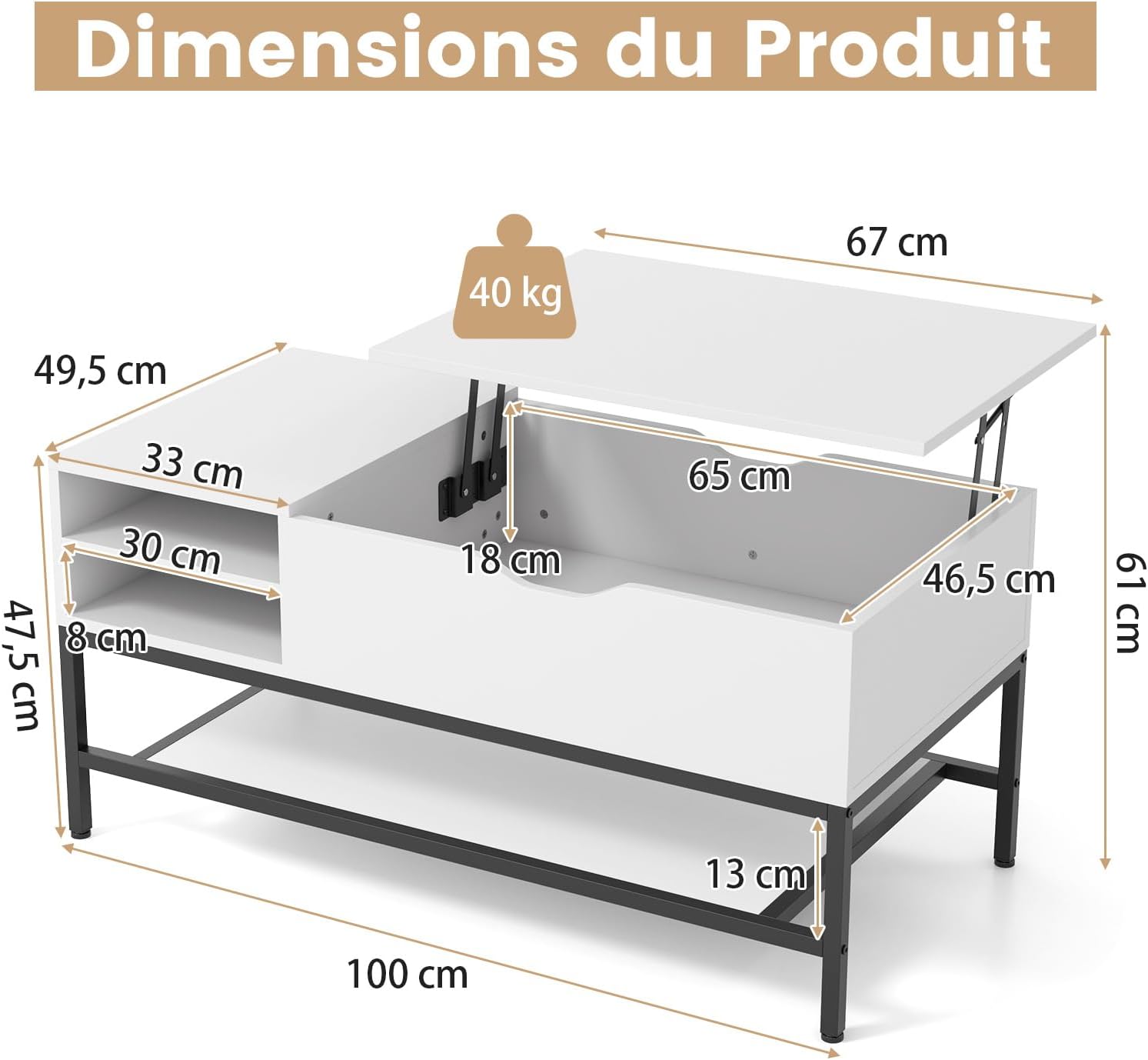 Stolik Kawowy z Podnoszonym Blatem i Regulacją Wysokości, Stół do Salonu z Ukrytym Schowkiem i Wyjmowaną Półką, Wysuwany do Domu, Biura (Biały) - 3