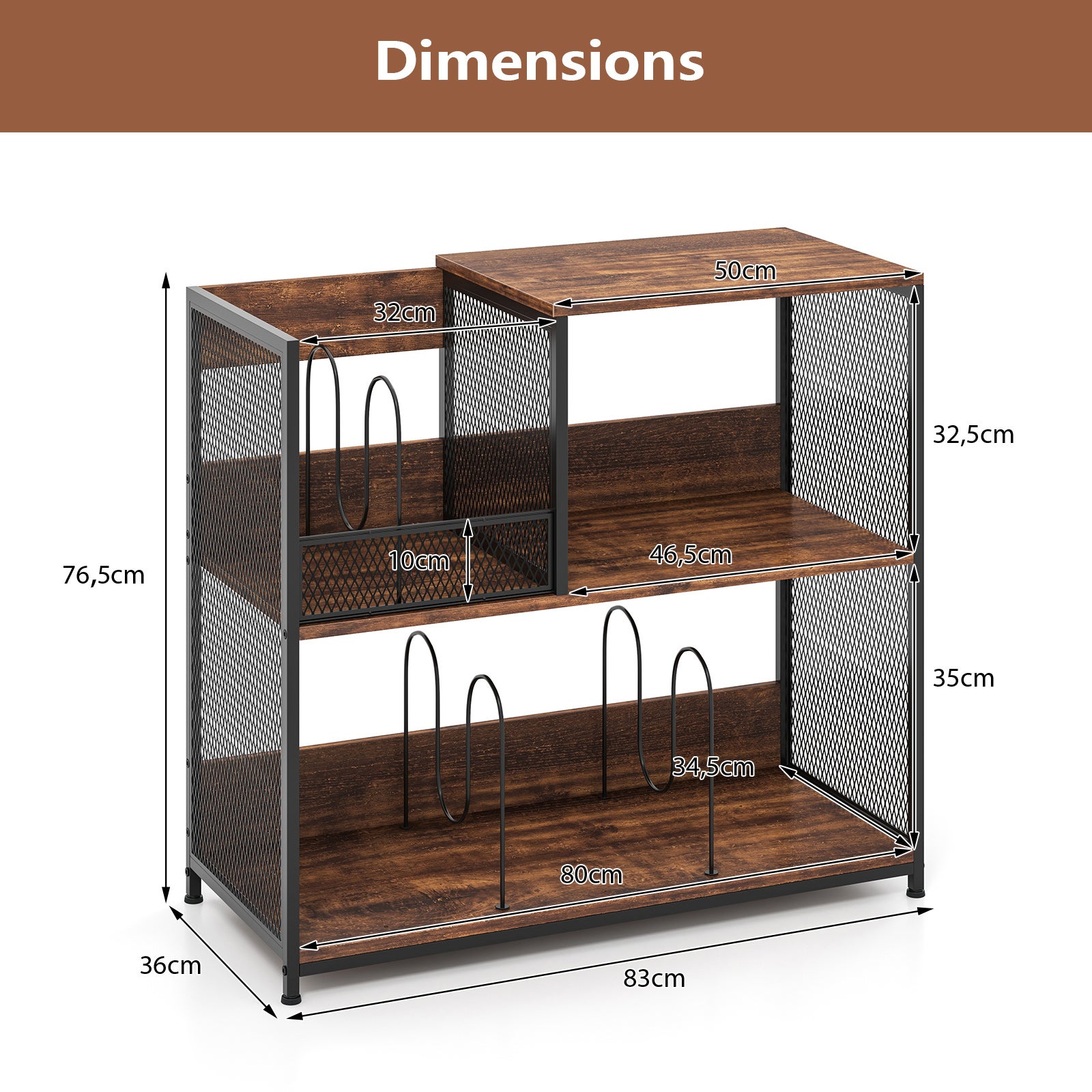 Support pour Platine Vinyle à 3 Niveaux jusqu'à 300 Albums, Table de Chevet avec 3 Diviseurs Amovibles et Structure Métallique, Marron Rustique - 2